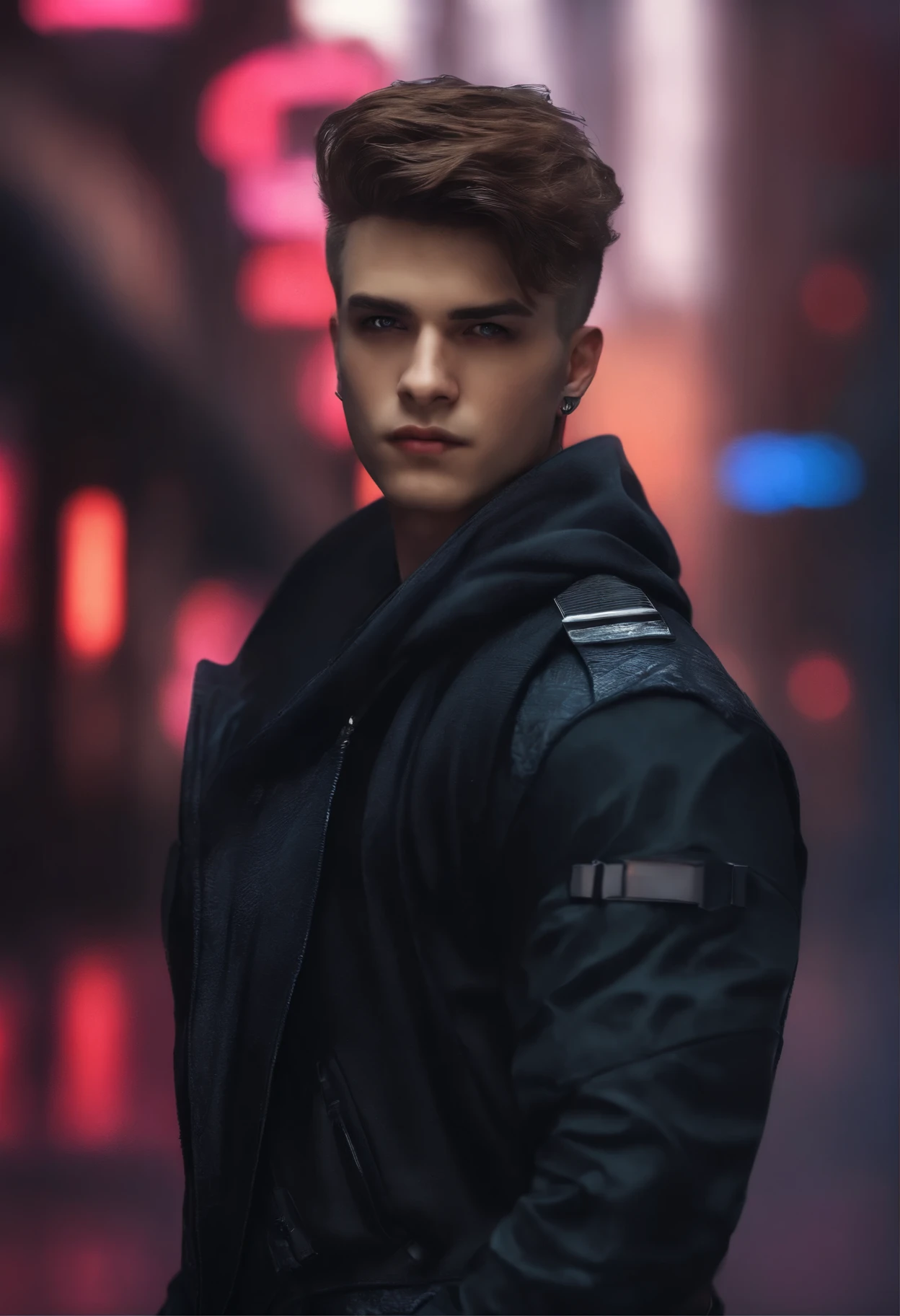 Change background cyberpunk handsome boy, realistic face, 8k, ultra realistic,