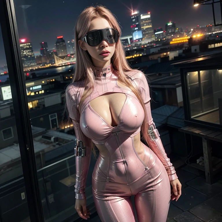 (highest quality、4k、8k、High resolution、masterpiece: 1.2)、Super detailed、(real、photorealistic、photorealistic: 1.37)、SF、beautiful young woman、bounty hunter、Cybernetic Weapons、cyberspace、High Tech City、Shining neon lights、((futuristic fashion:1.37))、((Skin-tight light pink metallic outfit:1.37))、mythical creatures、intense action、Fast-paced、Exciting soundtrack、explosion、Advanced technology、Sharp contrast、Gritty atmosphere、Black Market Trading、Skyline at night、Steampunk elements、Laser gun combat、Hidden Alley、hovering drone、Enhanced Vision、The unforgiving metropolis、Cybernetic Implants、Secret organizationysterious Informant、High Speed Chase、Impressive acrobatics、Colorful holograms、Urban Exploration、Navigating Virtual Reality、A diverse and multicultural society、Dystopian society、 Crowded city street、hall々A high-rise building、Android Companion、Illegal cybernetic modifications、A heart-pounding adrenaline rush、Heroic determination、Glass reflection、