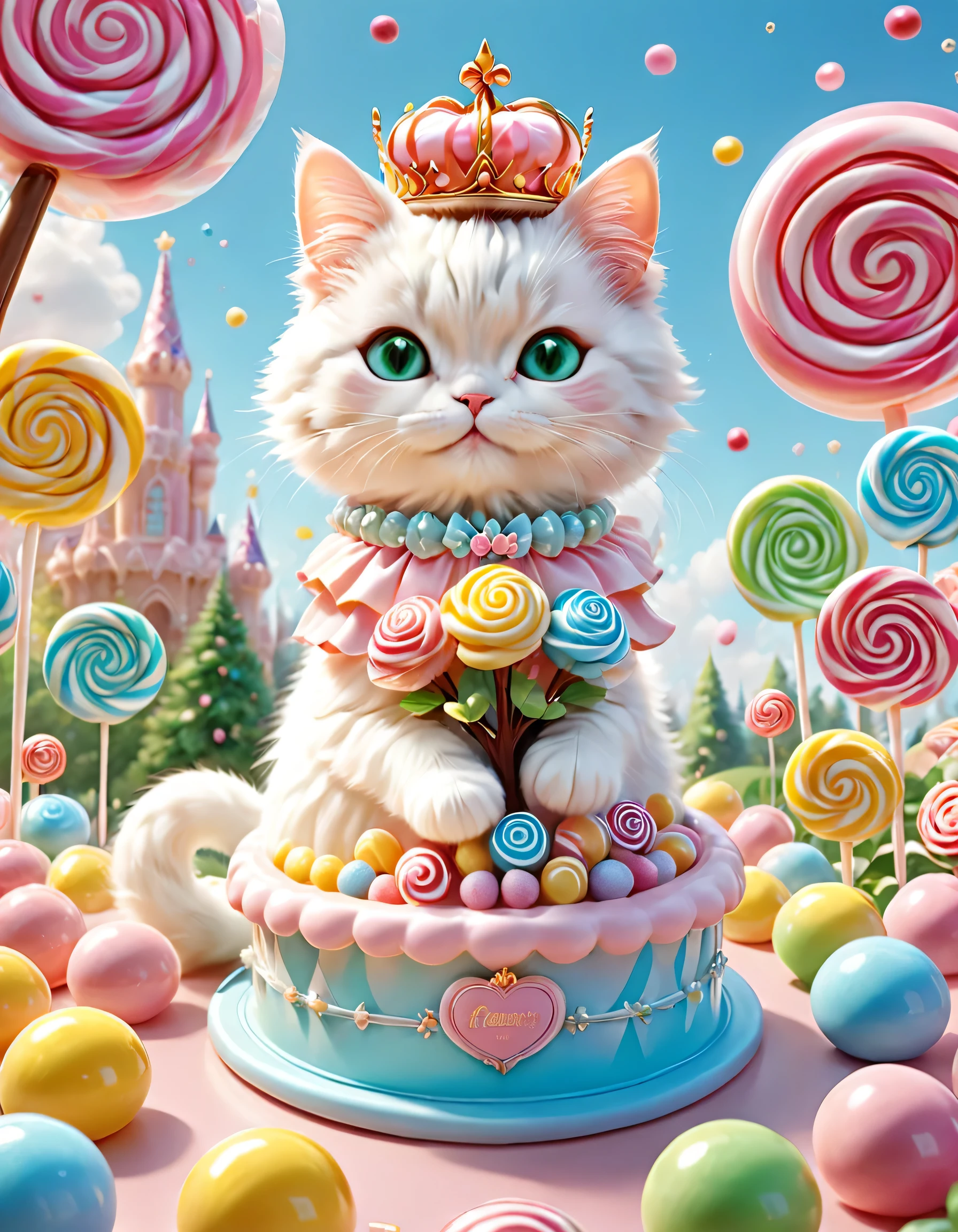 Draw the null kingdom candyland,A cat wearing a pop-patterned dress that resembles a candy wrapper will give you candy as a gift.,A flower with petals made of translucent candy,fancy,cute,Candy-bearing tree,pastel colour,Gentle colors,Children&#39;s happy poster,Children&#39;s movie posters,masterpiece,best masterpiece,highest quality,intricate details,Careful to every detail,Lovely,Lovely,anatomically correct,Structurally correct,best composition,perfect composition,High quality,null,minuet:holding candy,tiara,To welcome,Welcome,welcome,Fluffy white cat,