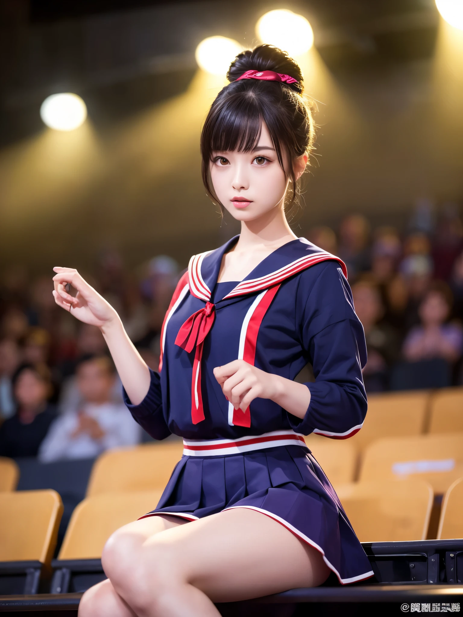 White base with purple-red sailor suit、tulle skirt、20-year-old, Performing on an empty stage, cute core、(bob hair)、(((watching the audience)))、ribbon on head、(自然でDetailed face立ち、beautiful and detailed eyes、beautiful and dense lips、very detailed eyes、Detailed face、long eyelashes)(8K resolution)、High resolution、masterpiece:1.2 )、Super detailed、(real、photorealistic、photorealistic: 1.37)、8K、fantastic lighting、bright colors、sitting posture、bold spread legs、(anatomically correct)、(perfect body proportions)、(natural hands、natural fingers)