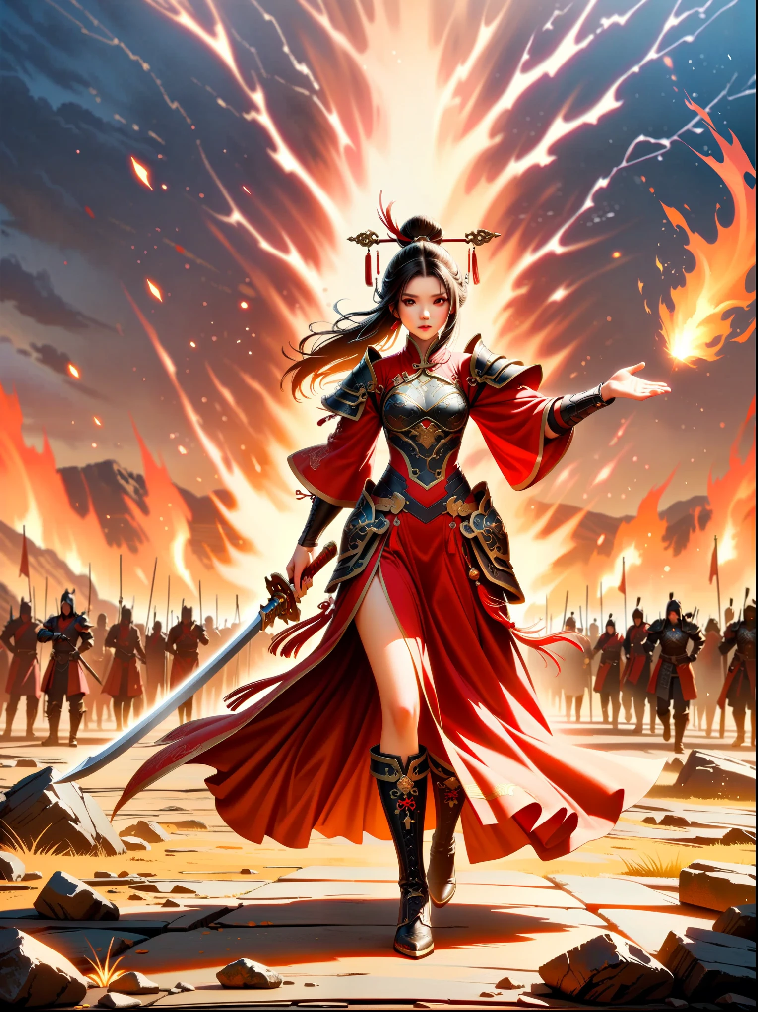 Chinese style, ancient battlefield, an ancient Chinese female general, holding a sword in her hand, grim expression, full body, amazing facial features, red robe, armor, boots, yellow sand in the sky, firelight, game model, stunning lighting, OC rendering, cinematic edge light, delicate light, super detailed, epic composition, super HD, highest quality, masterpiece, high quality, 4k