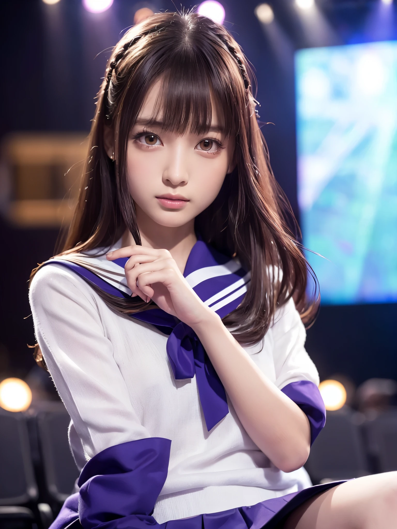 White base with purple-red sailor suit、tulle skirt、20-year-old, Performing on an empty stage,  cute core、(bob hair)、(((watching the audience)))、ribbon on head、（自然でDetailed face立ち、beautiful and detailed eyes、beautiful and dense lips、very detailed eyes、Detailed face、long eyelashes）（8K resolution）、High resolution、masterpiece：1.2 )、Super detailed、(real、photorealistic、photorealistic: 1.37)、8K、fantastic lighting、bright colors、sitting posture、bold spread legs、(anatomically correct)、（perfect body proportions)、(natural hands、natural fingers)