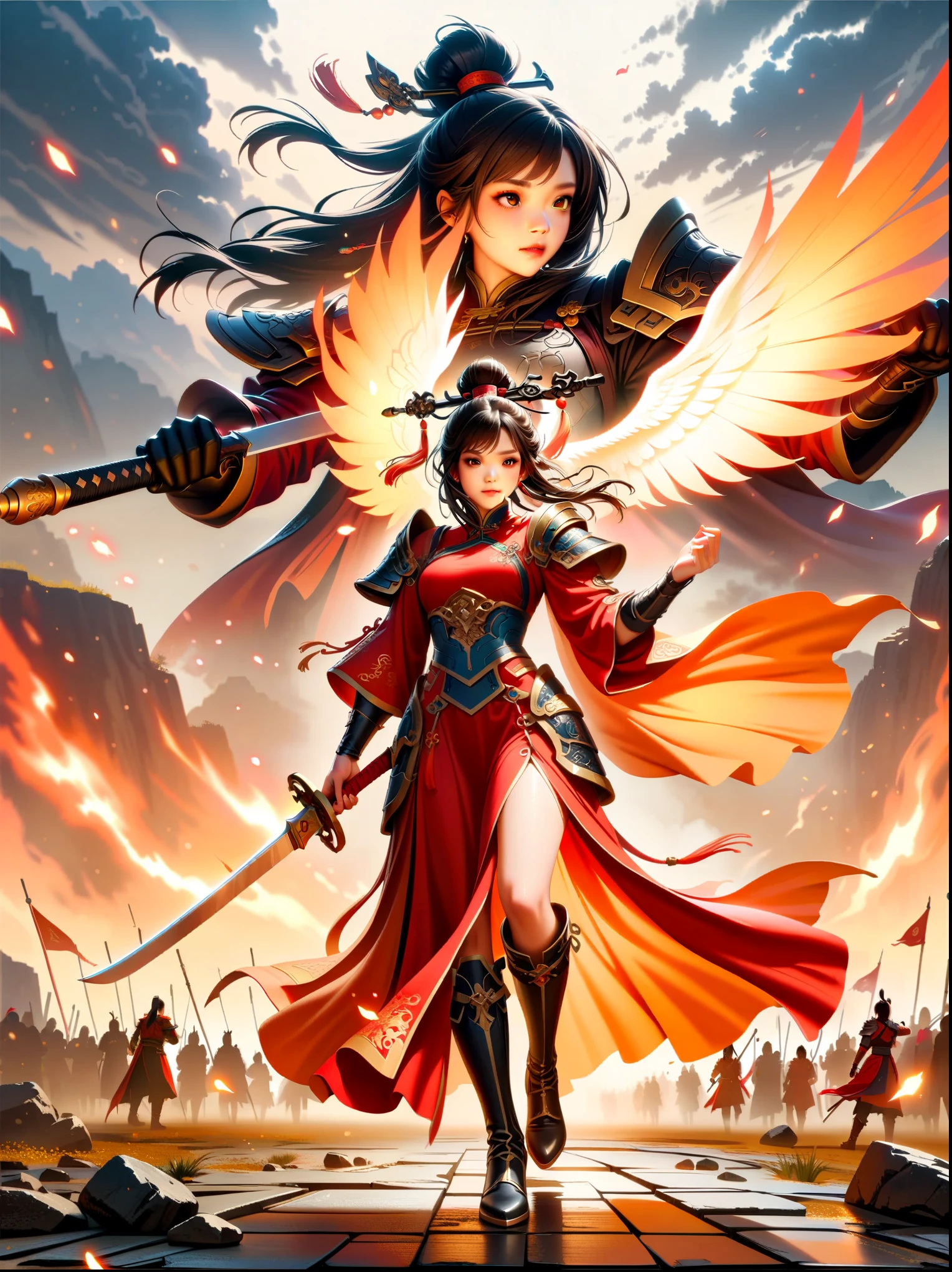 Chinese style, ancient battlefield, an ancient Chinese female general, holding a sword in her hand, grim expression, full body, amazing facial features, red robe, armor, boots, yellow sand in the sky, firelight, game model, stunning lighting, OC rendering, cinematic edge light, delicate light, super detailed, epic composition, super HD, highest quality, masterpiece, high quality, 4k