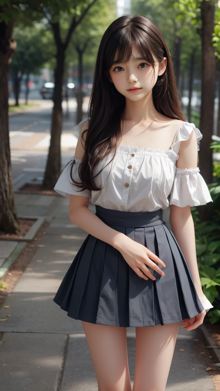((sfw: 1.4)), ((sfw, , ruffled skirt, 1 girl)), ultra high resolution, (real: 1.4), RAW photo, highest quality, (photorealistic), focus ,Soft light,(()),((Japanese)),(((Young face))),(Surface),(Depth of field),Masterpiece,(Photoreal),Woman,Bangs,( (1 girl)