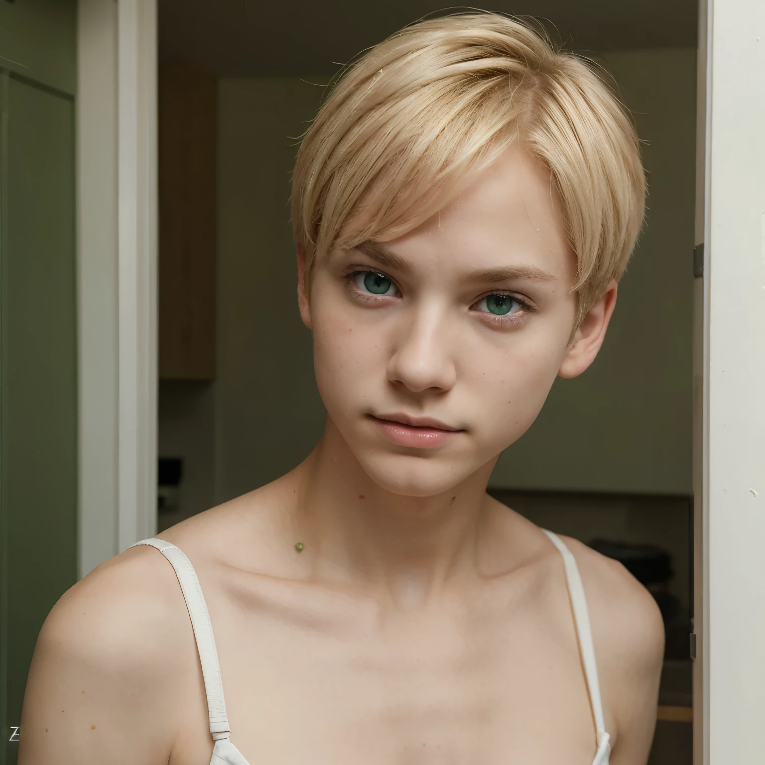 ((best quality)), ((masterpiece)), (detailed), The perfect face of a 13-year-old boy with 60 cm yellow-white hair and pale blue eyes without clothes and tied back