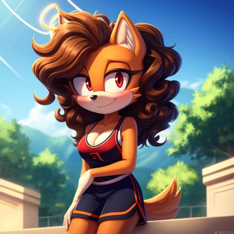 mobian, hedgehog, two-tone fur ((orange fur, brown fur)), basketball attire, cleavage, high-top sneakers, two-tone hair (brown hair, black tip)), curly hair, halo, sunglasses, jewelry, red eyes, longeyelashes, red eyes, smile, shy, blush, high detail, masterpiece, UHD, anatomically correct, super detail, highres, 4K