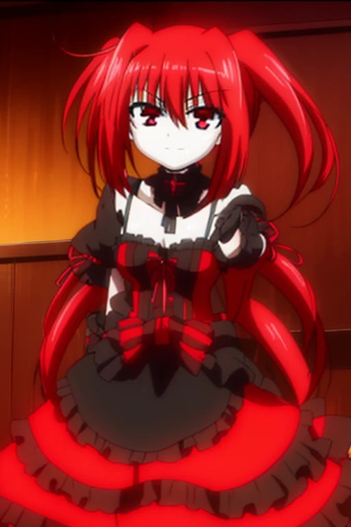 vita,kurumi.low twintails,red ribbon,｛The left eye is a gold clock face｝,have a handgun,anime,red hair,creepy smile,1girls,solo,huge clocks,Red and black dress