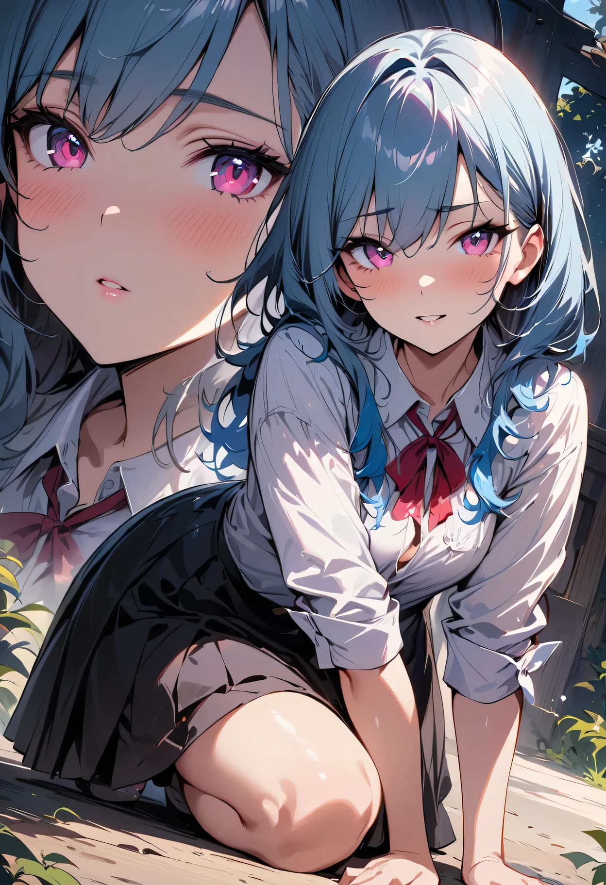 (detailed beautiful eyes and detailed face, masterpiece side light, masterpiece, best quality, detailed, High resolution illustration), (1 girl, beautiful girl, shiny skin), (sky blue hair, pink eyes, skirt, ribbon, button shirt)(Kneeling on the ground)