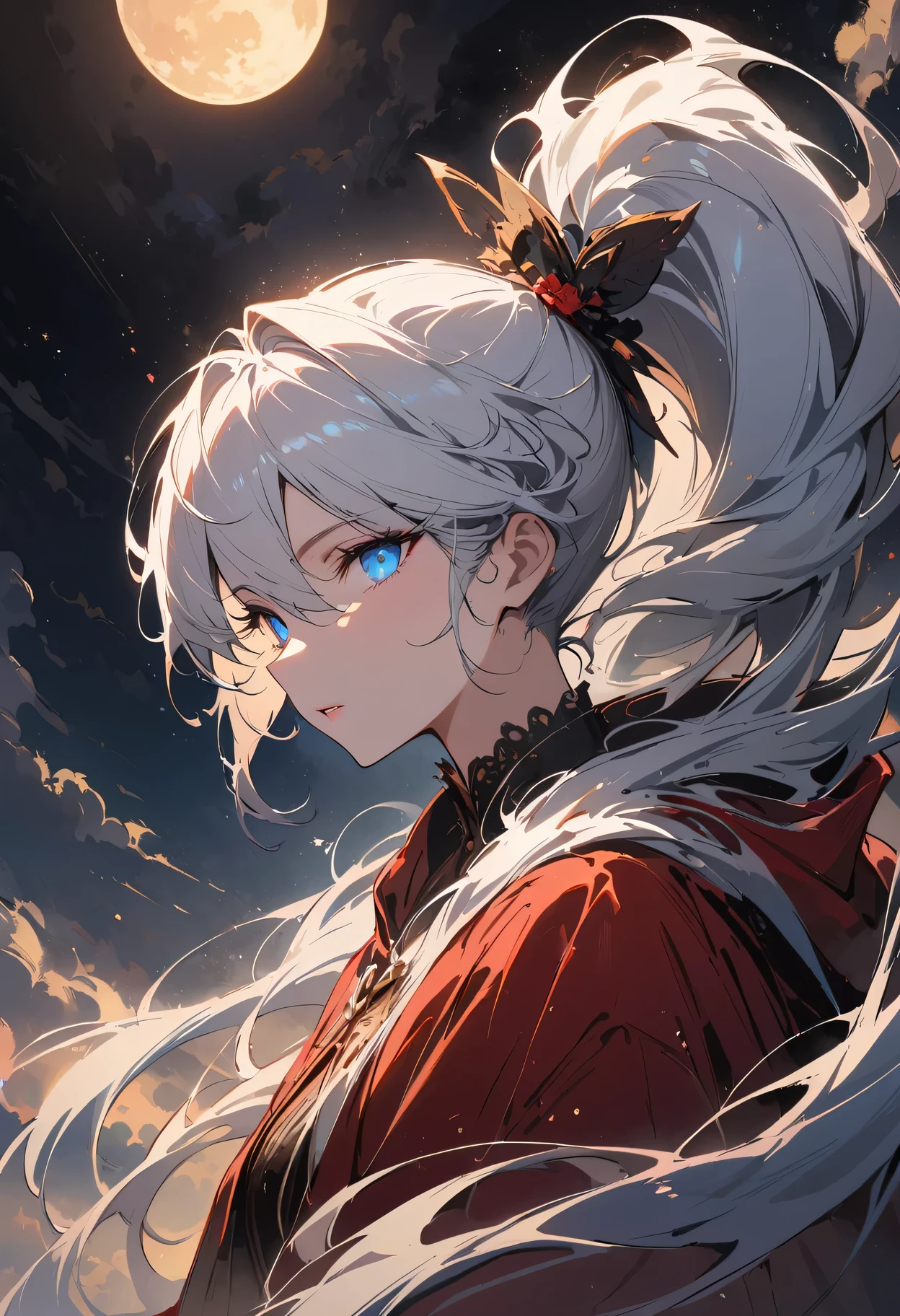 masterpiece, (best quality: 1.2), (Ultra-fine: 1.2), illustration, (extremely delicate and beautiful: 1.2), film angle, floating, (beautiful details eyes: 1.1), (Detail lights: 1.1), movie lights, exquisite sky, Miss, white hair, blue eyes, (high ponytail: 1.1), Cloak, glowing eyes, (moon: 1.2), (moonlight: 1.1), starry sky, (light particles: 1.1), FOG , snow painting, sketch, bloom