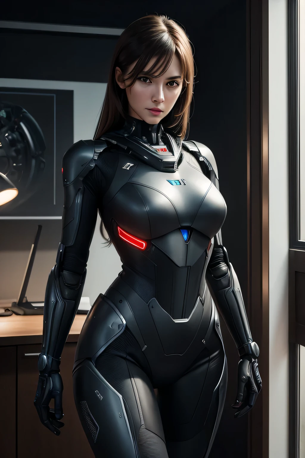 A married woman who was turned into a spy robot Appearance remains human Only the abdomen is exposed to machinery Sneaking into her husband's study, expressionless, UHD, retina, masterpiece, ccurate, anatomically correct, textured skin, super detail, high details, high quality, award winning, best quality, highres