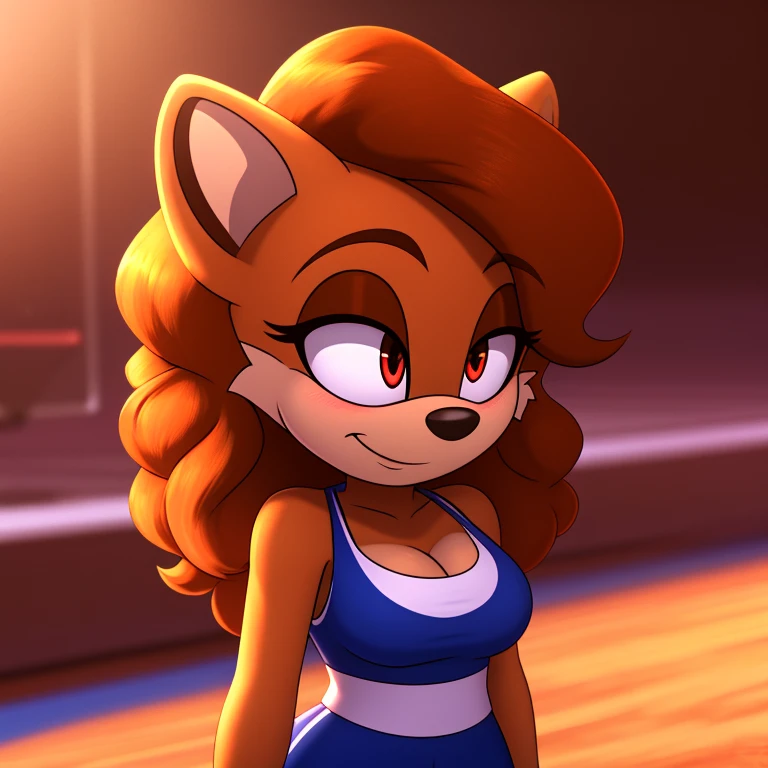 mobian, hedgehog, two-tone fur ((orange fur, brown fur)), basketball attire, cleavage, high-top sneakers, two-tone hair (brown hair, black tip)), curly hair, halo, sunglasses, jewelry, red eyes, longeyelashes, red eyes, smile, shy, blush, high detail, masterpiece, UHD, anatomically correct, super detail, highres, 4K