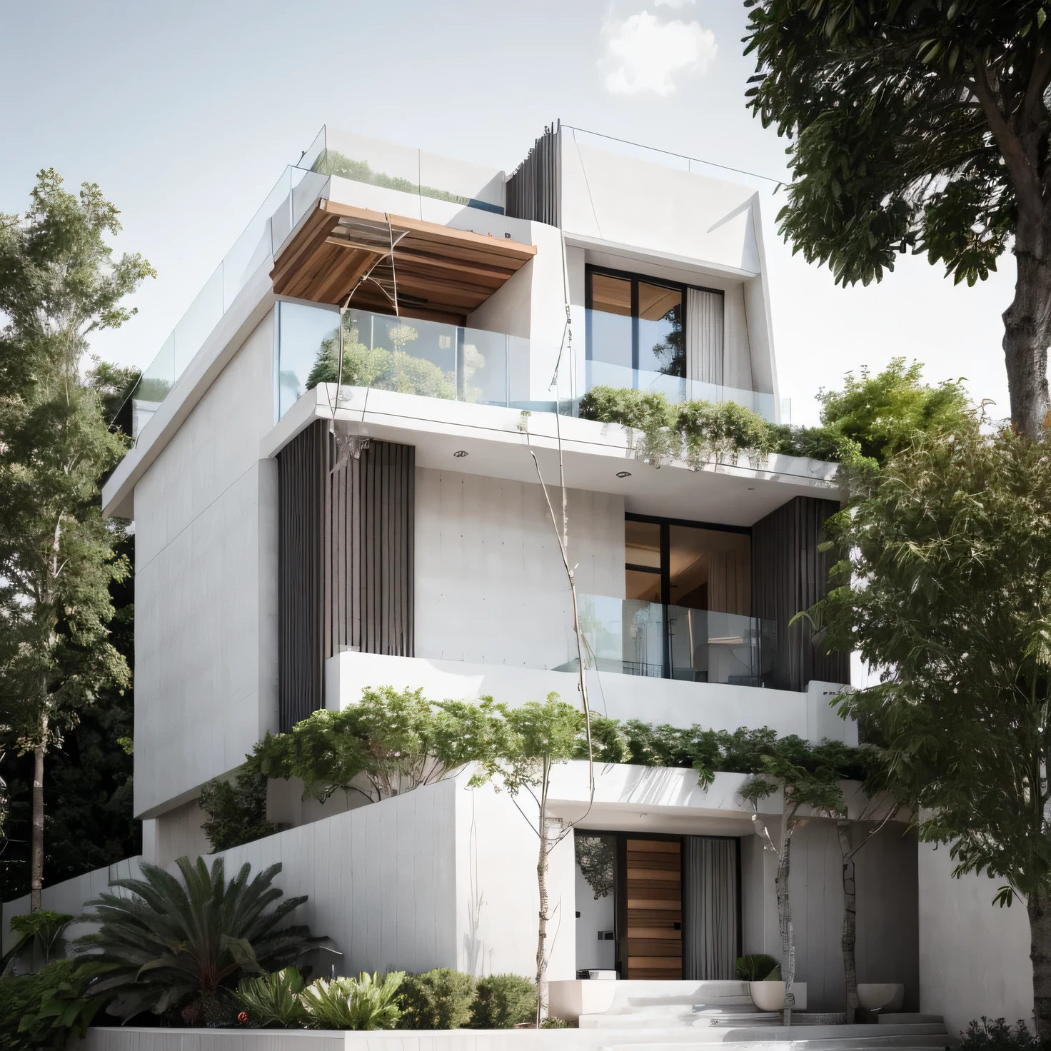 house exterior industry style, white and grey color scheme, raw materials, exposed structural elements, and simple, clean lines,rough-hewn steel, polished concrete, glass, and exposured brick,masterpiece, high details, high quality, best quality,tree on the roof,wooden balcony ceiling,glass railings