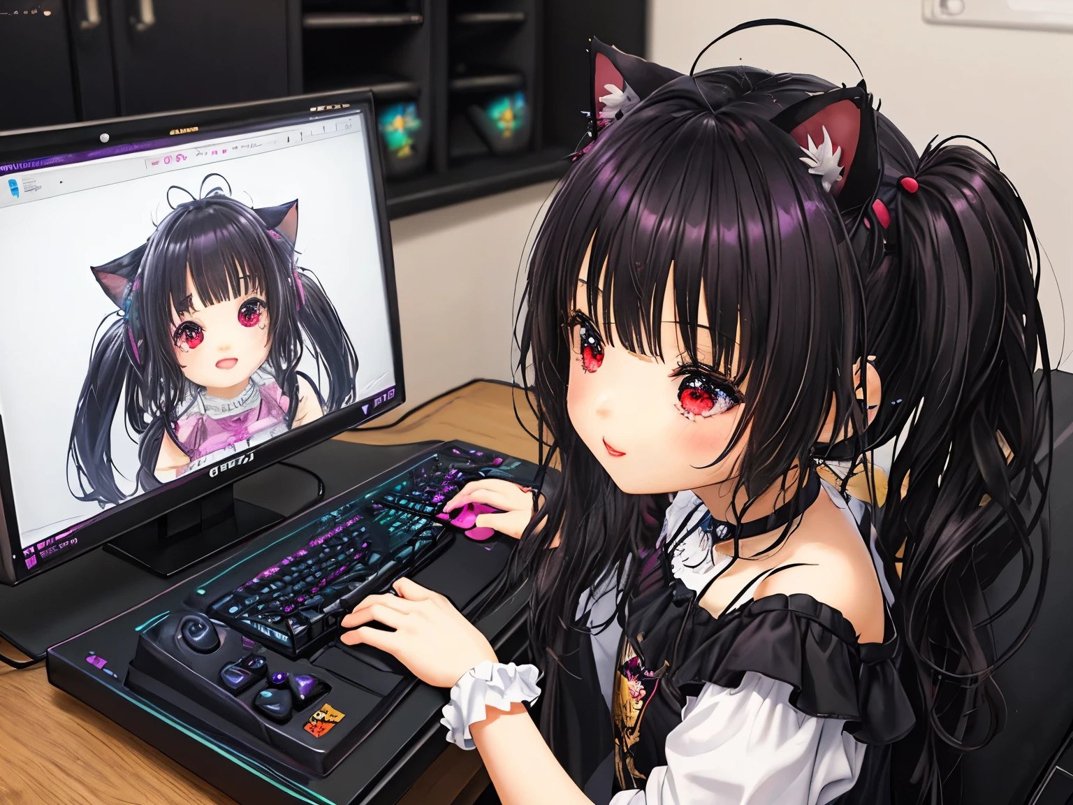 maribelle fe, obra maestra, CG de ultra alta calidad, Mejor calidad, girl solo, medio,  Mezcla japonesa y rusa,,((long hair slightly wavy slightly past the shoulders, black bangs, small black pigtails on the sides, cute cat ears, beautiful thin red eyes,)),,  Plataforma de juegos, PC para juegos, Pink themed room, Teclado para juegos, auriculares para juegos, consola de juegos, chicle, cara de beso