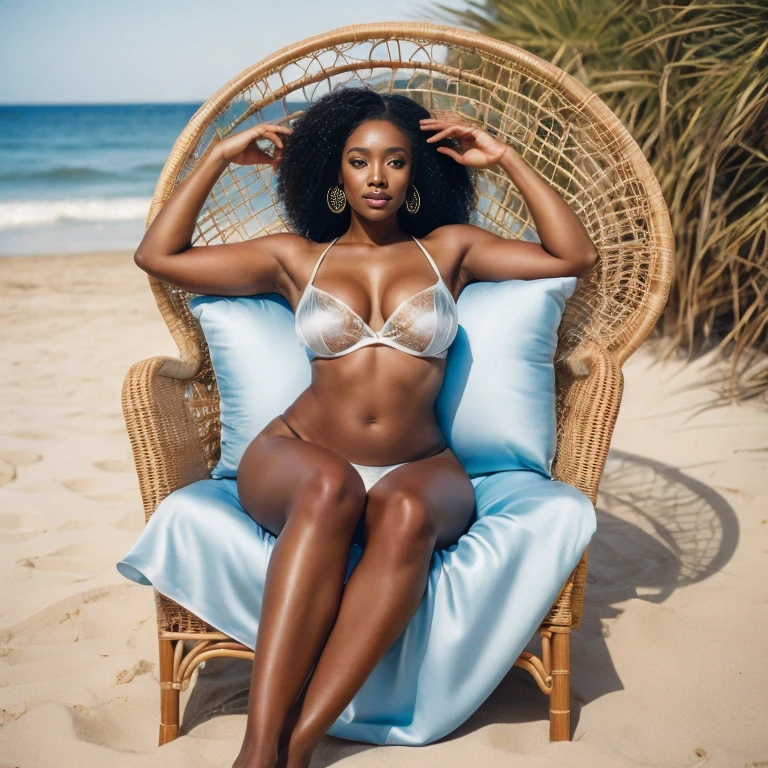 araffe woman in bikini sitting on a chair on the beach, linda mulher, perfeitamente equilibrado, linda linda mulher, figura linda, curved, modelo plus size atraente, curvy model, lizzo, Deusa linda, smooth, sharp lines, beleza estonteante, deslumbrante lindo, Belas curvas, beautiful angle, deusa feminina de pele escura do amor, beautiful curvy woman