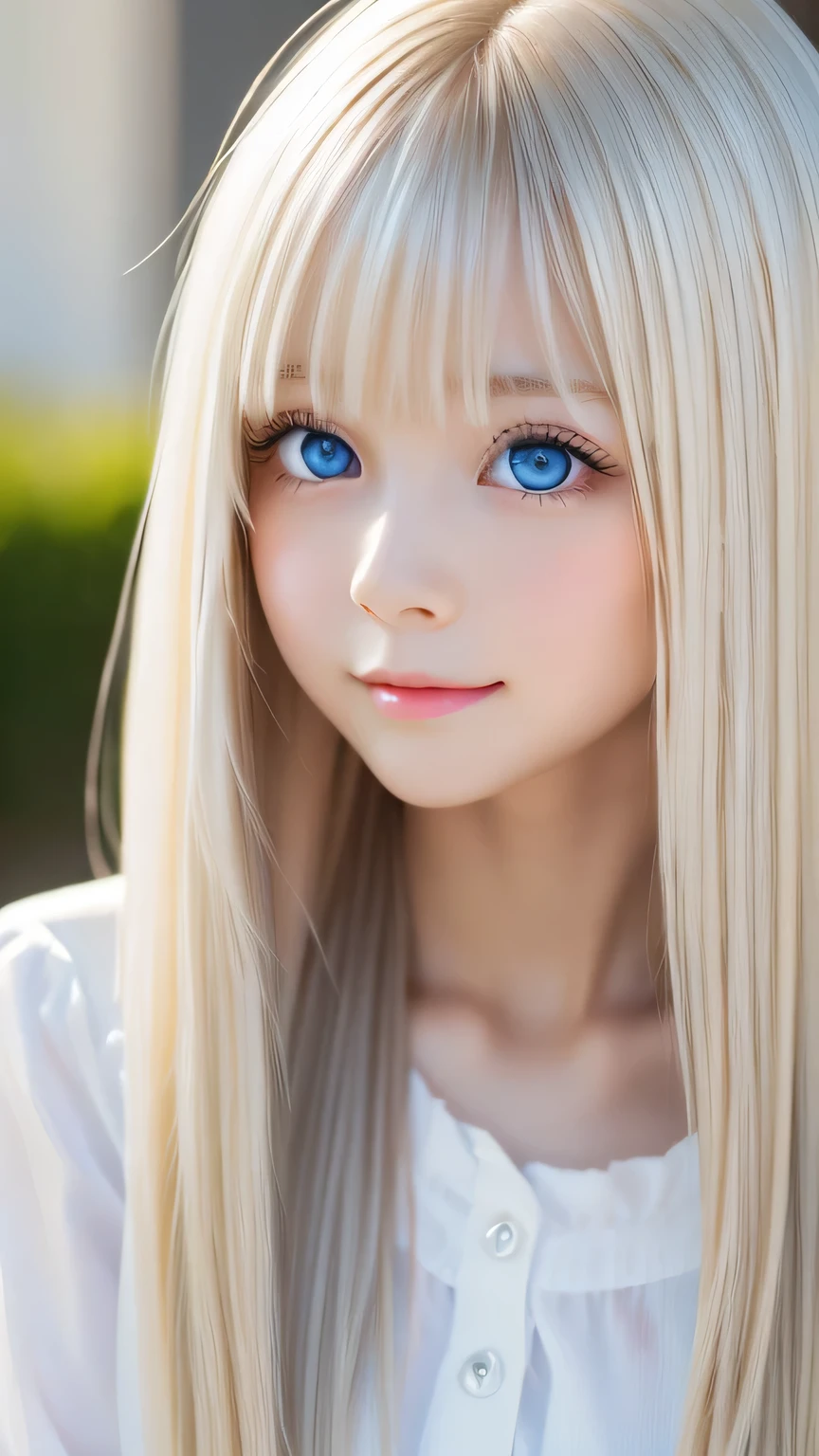 Exceptional sexy beauty、Beautiful calm and bright expression、sexy refreshing look、Perfect beautiful cute face with long bangs、Super long shiny platinum blonde straight hair、beautiful face hair、Very cute beautiful sexy young little woman、very perfect beautiful cute face、Large, bright, light blue eyes that shine beautifully、very big eyes、small face beauty