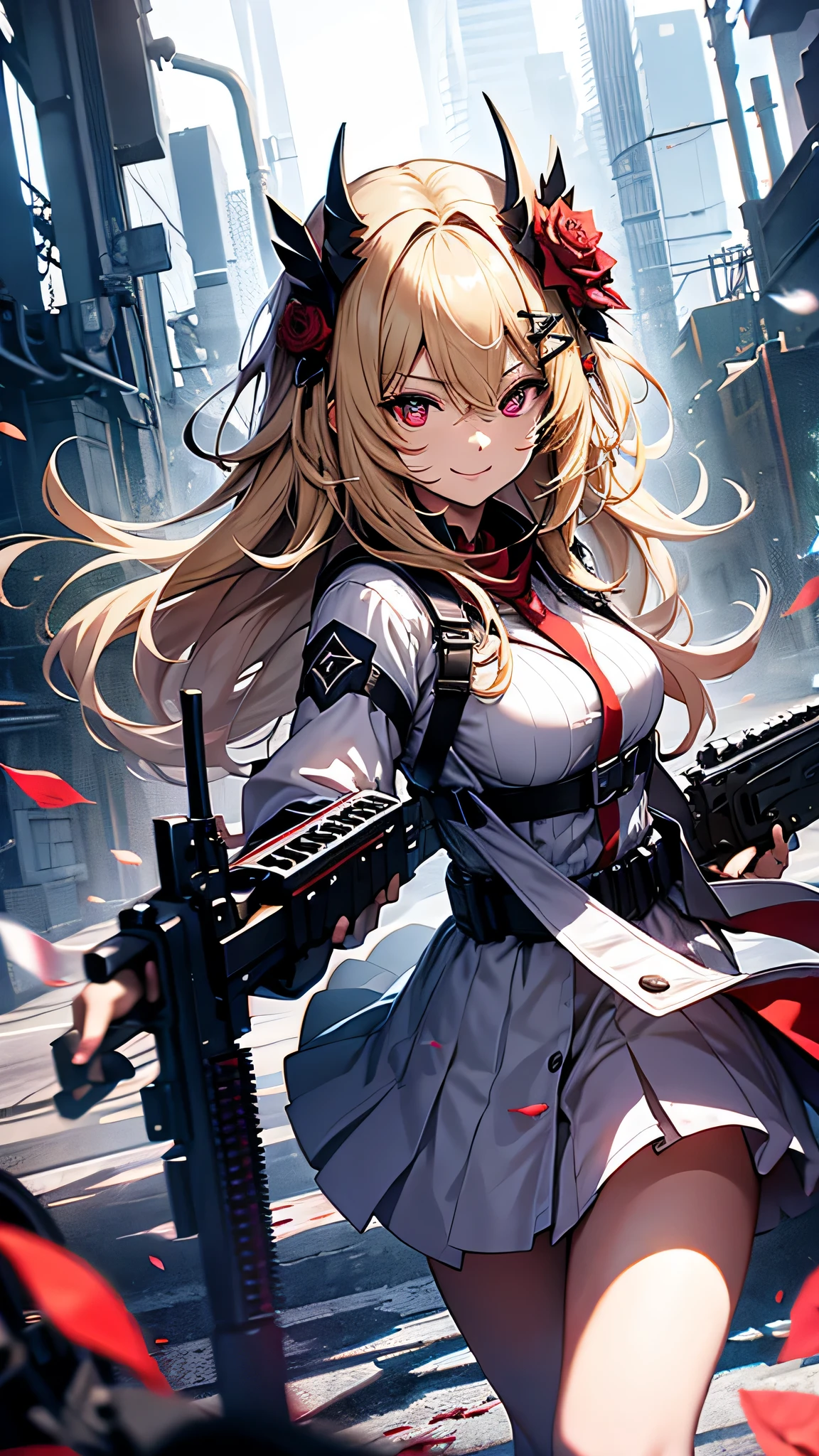 最high quality、best image quality、masterpiece、girl((18-year-old、 By becoming、vest 、,wide open  tea、red glowing eyes, blonde、messy hair、long hair、thin,highest valley、Show the whole body、white dress、long skirt、open 、White wristband、red shoes、、smile、Leaning forward、rose hair ornament、have a rifle、Whole body return blood)),high quality、beautiful art、background((company office))、Flight、debris flies、Depth of written boundary、movie、visual art、perfect art、8K,genuine、