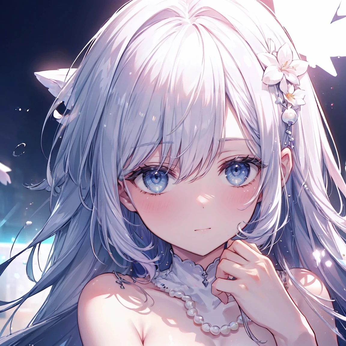 (((A closer look: 1.4))) , (A shower of pearls),cinematic light, Slim body with curves, Her skin is perfectly white, soft, And smooth, ((No NSFW)), Very delicate and beautiful CG illustrations, highest quality, High resolution, dynamic angle, Full length lens, (1 girl), floating, soft light, high key lighting), shining light, Purple Halo, Flapping background, ((Very cinematic: 1.5))