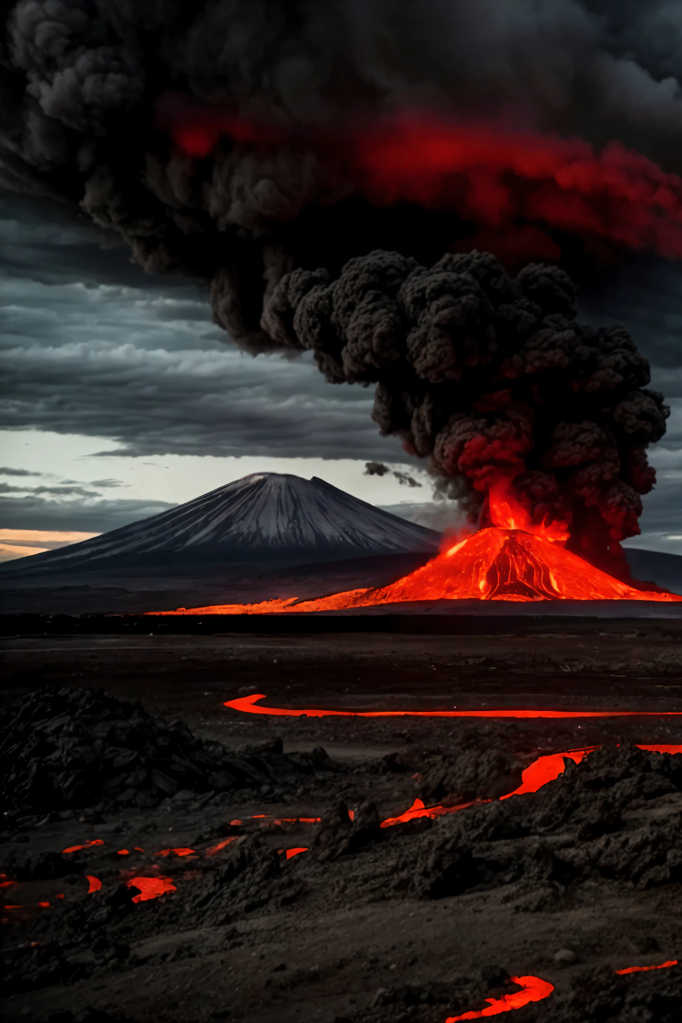 Amidst the ominous landscape of Mount Doom, the ominous volcano mountain, lava flowed menacingly on the ground, casting an ominous red glow onto the charred earth below. The cloudy skies above were tinged with smog and smoke, adding to the sense of impending doom and decay. The once vibrant vegetation stood as signed trees, their blackened trunks bearing witness to the destruction that had befallen this land. In the foreground, the gray atmospheric sphere loomed ominously, a harbinger of the apocalypse to come. The grand scene unfolded under cinematic lighting, with dark shadows and