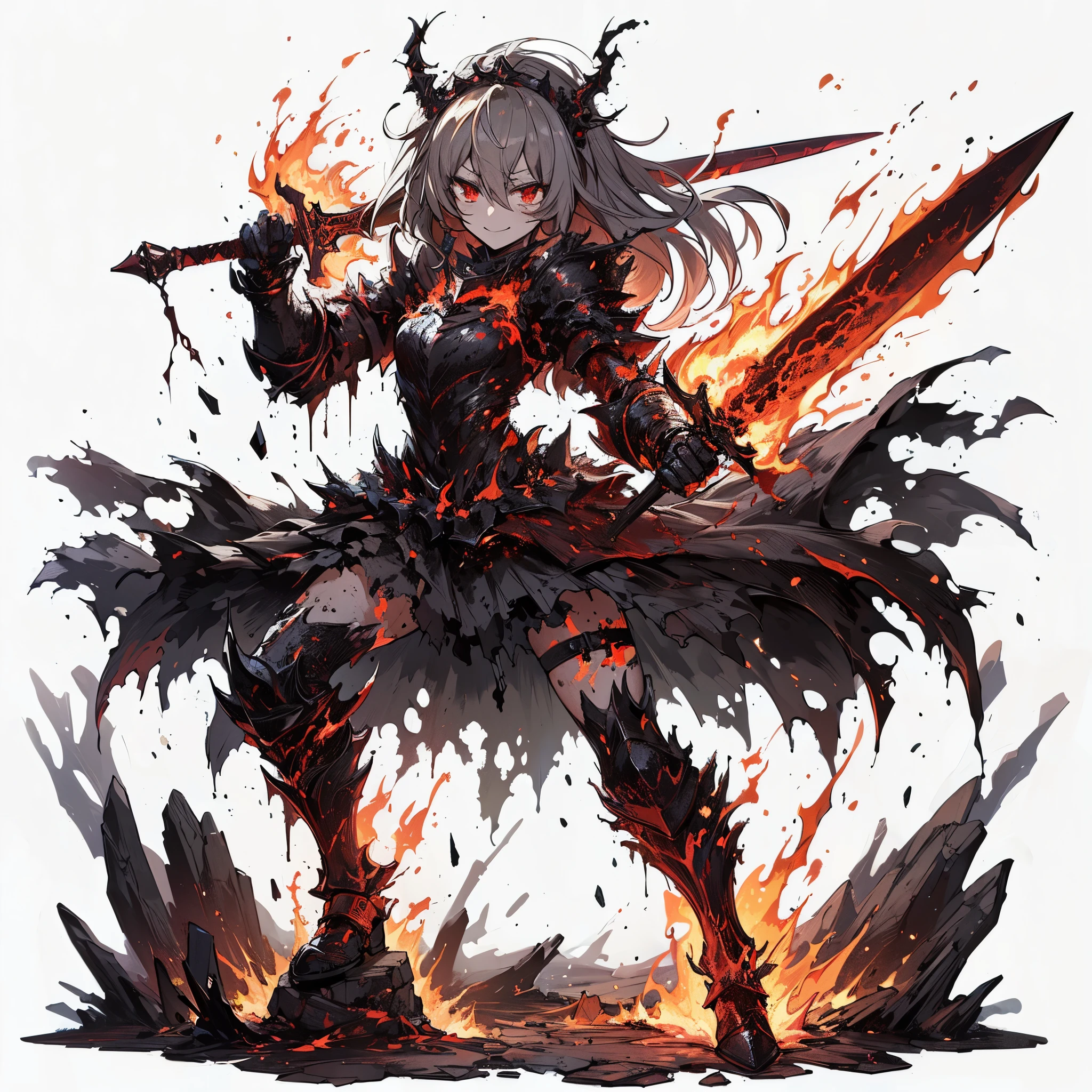 (Masterpiece), (Perfect Athlete Body:1.2), Full Body, anime style, female Knight of undead, burning red eyes, ash hair, black burned armor, shedding molten iron like blood, holding blade, flaming fist, wearing raised boots, White Background, Whole Body, Standing in Rough Terrain, winning smile
