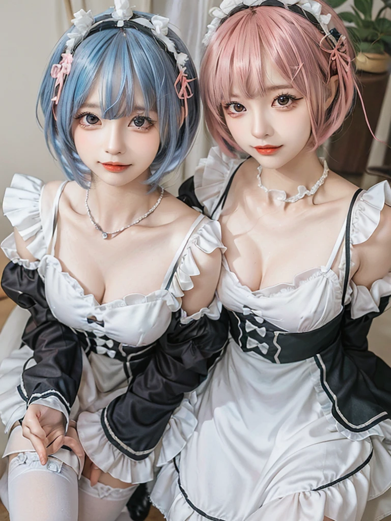 (8K, Photorealistic, Raw photo, of the highest quality: 1.3), (1girl in), Super beautiful, (Realistic face), (boyish, pink Color Berry Shorthair), Beautiful , Glare that captivates the viewer, Beautiful expression, Beautiful breasts, (Realistic skin), Be...Create a detailed and colorful image of Ram and Rem from Re:Zero, standing back-to-back in their maid outfits, with a magical fantasy background、14years old, two girls,cute, perfect face, beautiful, nice body, gothic lolita clothes, gothic lolita fashion, frilly skirt, headdress, necklace, bracelet, knee-high socks, boots, double eyelids, tear bags, Detailed down to the fingers, photo-like description, indoors, dim indoor lighting, one girl is pink hair and short bob, another girl is light blue hair and short bob,standing, sexy posing,whole body, composition that shows the whole body, smiling,The Both of them are wearing the same type of maid outfit,Optimal ratio of 4 fingers and 1 thumb