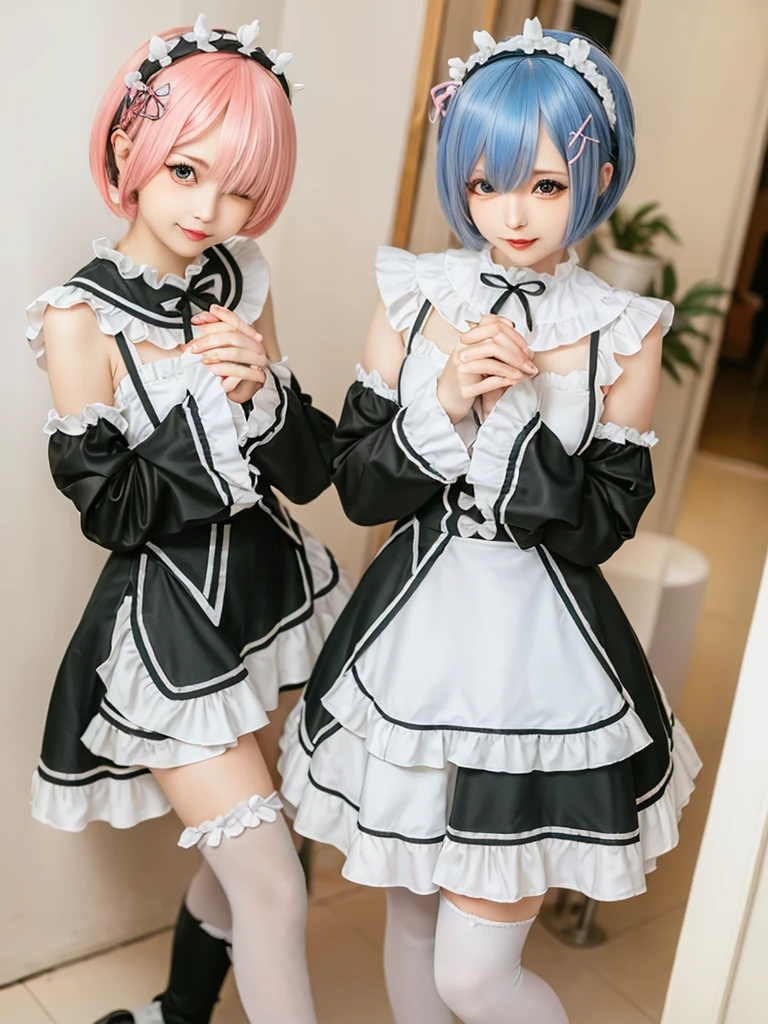 (8K, Photorealistic, Raw photo, of the highest quality: 1.3), (1girl in), Super beautiful, (Realistic face), (boyish, pink Color Berry Shorthair), Beautiful , Glare that captivates the viewer, Beautiful expression, Beautiful breasts, (Realistic skin), Be...Create a detailed and colorful image of Ram and Rem from Re:Zero, standing back-to-back in their maid outfits, with a magical fantasy background、14years old, two girls,cute, perfect face, beautiful, nice body, gothic ta clothes, gothic loliashion, frilly skirt, headdress, necklace, bracelet, knee-high socks, boots, double eyelids, tear bags, Detailed down to the fingers, photo-like description, indoors, dim indoor lighting, one girl is pink hair and short bob, another girl is light blue hair and short bob,standing, sexy posing,whole body, composition that shows the whole body, smiling,The Both of them are wearing the same type of maid outfit,Optimal ratio of 4 fingers and 1 thumb