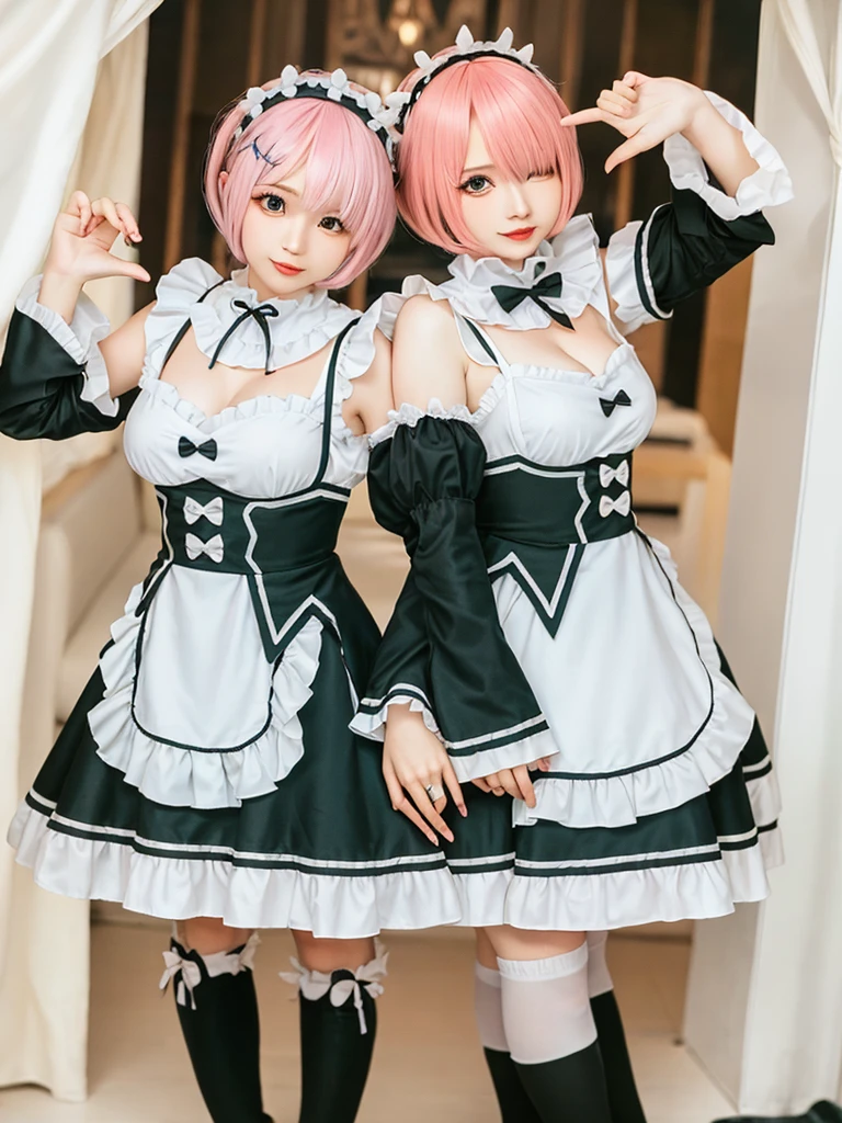 (8K, Photorealistic, Raw photo, of the highest quality: 1.3), (1girl in), Super beautiful, (Realistic face), (boyish, pink Color Berry Shorthair), Beautiful , Glare that captivates the viewer, Beautiful expression, Beautiful breasts, (Realistic skin), Be...Create a detailed and colorful image of Ram and Rem from Re:Zero, standing back-to-back in their maid outfits, with a magical fantasy background、14years old, two girls,cute, perfect face, beautiful, nice body, gothic lolita clothes, gothic lolita fashion, frilly skirt, headdress, necklace, bracelet, knee-high socks, boots, double eyelids, tear bags, Detailed down to the fingers, photo-like description, indoors, dim indoor lighting, one girl is pink hair and short bob, another girl is light blue hair and short bob,standing, sexy posing,whole body, composition that shows the whole body, smiling,The Both of them are wearing the same type of maid outfit,Optimal ratio of 4 fingers and 1 thumb