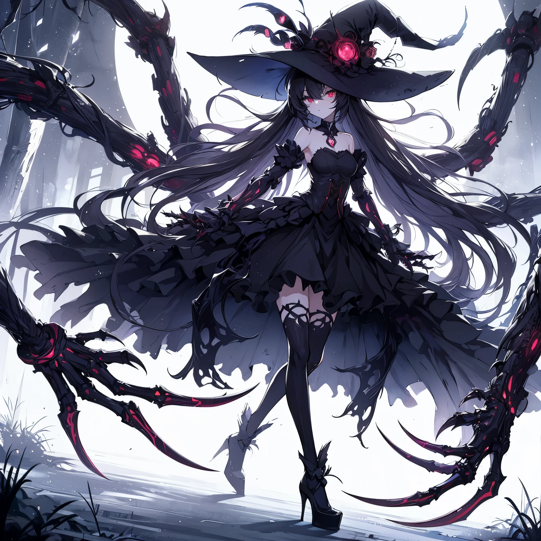 (masterpiece, Best Quality), (Perfect athlete body:1.2), (detailed hairs), Ultra-detailed, Anime style, Full body, Solo, Cyberpunk witch girl, in black magical girl dress, black hair, red eyes, limbs mutated and transformed into magical beast claws, shadows form the great jaws of the beast, standing in a forest at night, 8k high resolution, white background, whole body,