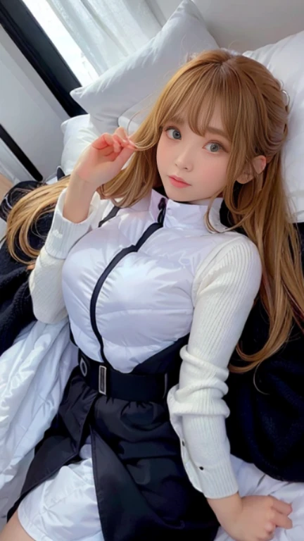bright look、photorealism、full body painting、highest quality、超A high resolution、picture、北欧生まれの非常にbeautiful少女の写真、extraordinary beautiful girl、可愛くてbeautiful顔の詳細、(Pueros face_V1:0.008)、beautiful bangs、alice in wonderland、16 years old、Radiant, fair, glowing skin、facial hair、Bangs that extend to the face、bangs between eyes、super long hair、Glamorous bright natural platinum blonde super long straight silky hair、high resolution eyes、beautiful, Bright and clear, Big light blue eyes shine charmingly、(white astrovest):10、eyeliner、double eyelid、rich bust、Going to bed、lie on your back、sprawl、sleep on your side、lying on one&#39;s back