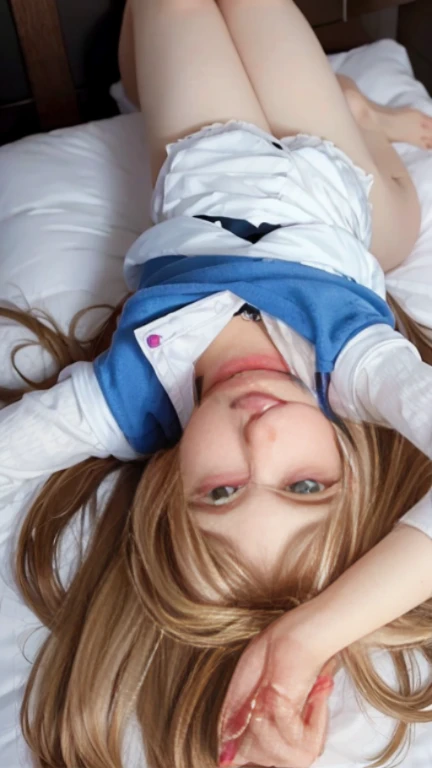 bright look、photorealism、full body painting、highest quality、超A high resolution、picture、北欧生まれの非常にbeautiful少女の写真、extraordinary beautiful girl、可愛くてbeautiful顔の詳細、(Pueros face_V1:0.008)、beautiful bangs、alice in wonderland、、Radiant, fair, glowing skin、facial hair、Bangs that extend to the face、bangs between eyes、super long hair、Glamorous bright natural platinum blonde super long straight silky hair、high resolution eyes、beautiful, Bright and clear, Big light blue eyes shine charmingly、(white astrovest):10、eyeliner、double eyelid、rich bust、Going to bed、lie on your back、sprawl、sleep on your side、lying on one's back