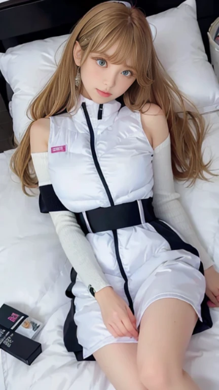 bright look、photorealism、full body painting、highest quality、超A high resolution、picture、北欧生まれの非常にbeautiful少女の写真、extraordinary beautiful girl、可愛くてbeautiful顔の詳細、(Pueros face_V1:0.008)、beautiful bangs、alice in wonderland、16 years old、Radiant, fair, glowing skin、facial hair、Bangs that extend to the face、bangs between eyes、super long hair、Glamorous bright natural platinum blonde super long straight silky hair、high resolution eyes、beautiful, Bright and clear, Big light blue eyes shine charmingly、(white astrovest):10、eyeliner、double eyelid、rich bust、Going to bed、lie on your back、sprawl、sleep on your side、lying on one&#39;s back