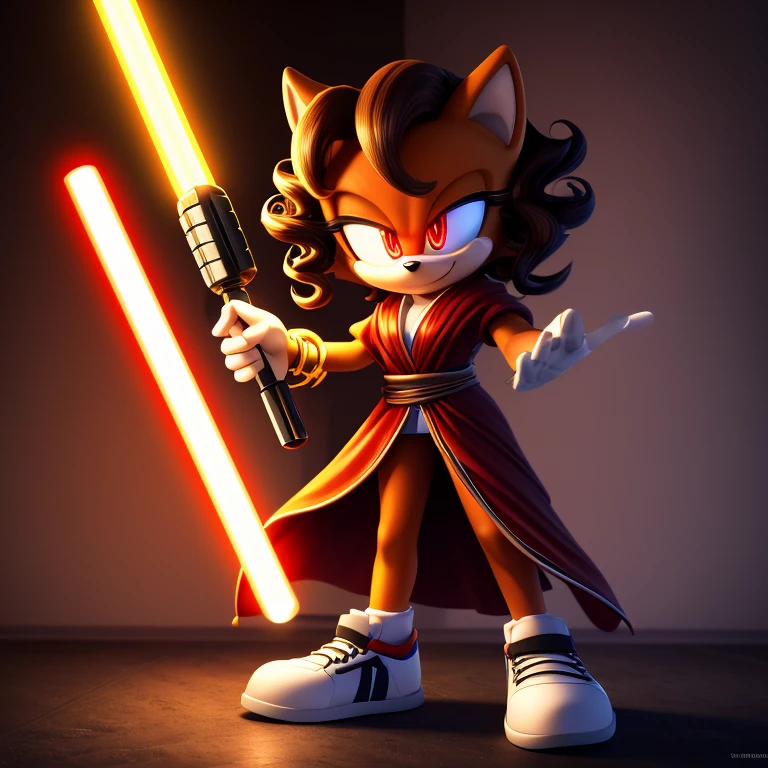 mobian, hedgehog, two-tone fur ((orange fur, brown fur)), red robe, small breasts, red lightsaber, high-top sneakers, two-tone hair (brown hair, black tip)), curly hair, red halo, jewelry, red glowing eyes, longeyelashes, red eyes, smirk, super dark room, high detail, masterpiece, UHD, anatomically correct, super detail, highres, 4K