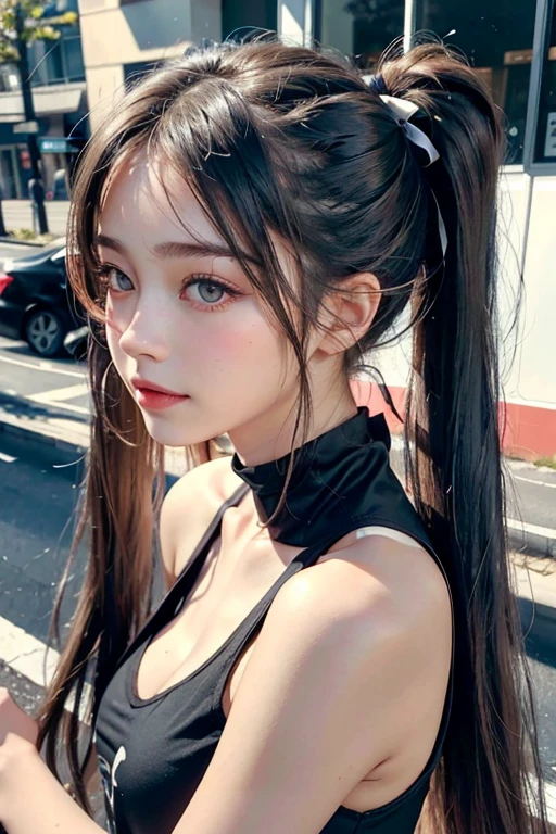 (8K), (highest quality), (masterpiece:1.2), (hyper realism), (realistic:1.37), 18 year old girl from backstreet, horizontal background, (twin tails), (Eye level angle), (full body), long silver hair and long ash hair, fluttering hair, (Street fashion), black ribbon, natural pose, blush, [smile] dark theme, soothing tone, calm colors, high contrast, (natural skin texture, soft light, sharp), beautiful appearance, fine hair loss, fine fingers, fine hair, highly detailed face, perfect anatomy
