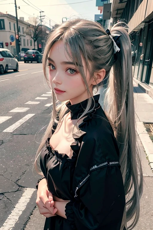 (8K), (highest quality), (masterpiece:1.2), (hyper realism), (realistic:1.37), 18 year old girl from backstreet, horizontal background, (twin tails), (Eye level angle), (full body), long silver hair and long ash hair, fluttering hair, (Street fashion), black ribbon, natural pose, blush, [smile] dark theme, soothing tone, calm colors, high contrast, (natural skin texture, soft light, sharp), beautiful appearance, fine hair loss, fine fingers, fine hair, highly detailed face, perfect anatomy
