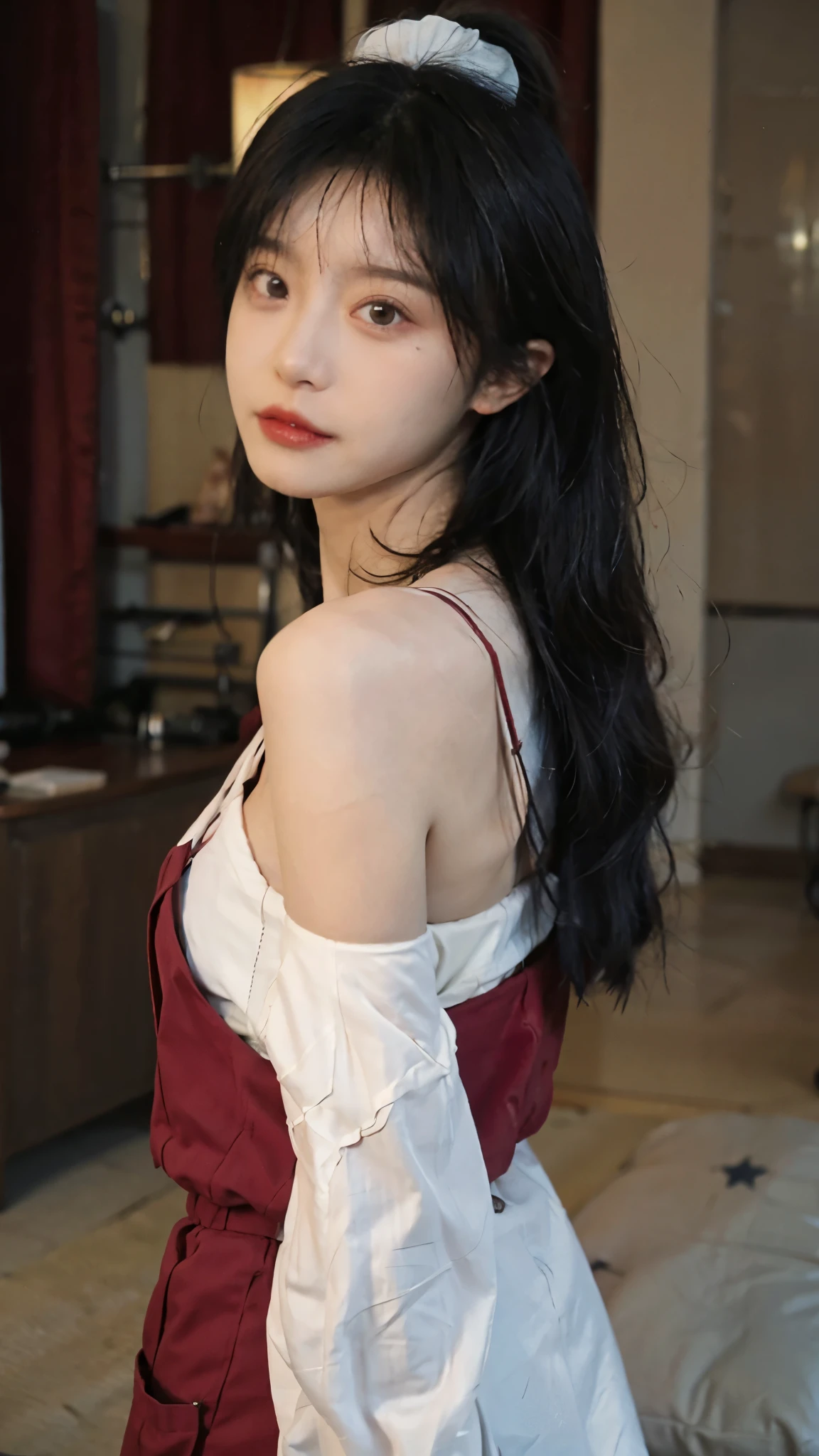 Film portrait photography, 1 girl, bare shoulders,lipstick,(flat chest:1.4), meatball head, wear necklace,Cute expression,Exquisite makeup,earrings,hairpin,Red suspenders,serene, calm, (Realistic and detailed eyes, natural skin texture, Realistic facial details), Soft dramatic lighting, depth of field, Bokeh, Vibrant details, Detailed and detailed, surreal, 35mm film, hazy, ,