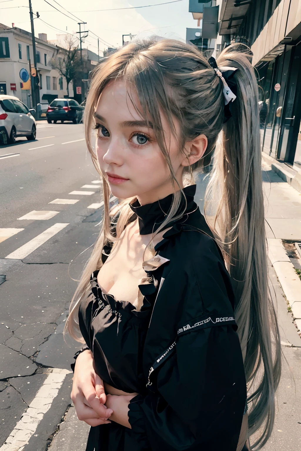 (8K), (highest quality), (masterpiece:1.2), (hyper realism), (realistic:1.37), 18 year old girl from backstreet, horizontal background, (twin tails), (Eye level angle), (full body), long silver hair and long ash hair, fluttering hair, (Street fashion), black ribbon, natural pose, blush, [smile] dark theme, soothing tone, calm colors, high contrast, (natural skin texture, soft light, sharp), beautiful appearance, fine hair loss, fine fingers, fine hair, highly detailed face, perfect anatomy