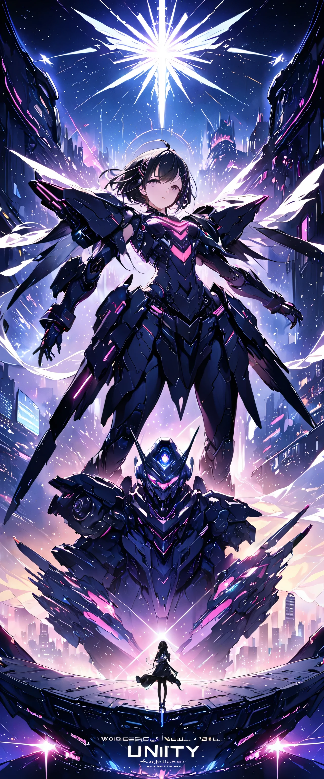 highest quality ,masterpiece, figure, very delicate and beautiful, very detailed ,cg ,unity ,8k wallpaper, wonderful, finely, masterpiece,highest quality,official art,very detailed cg unity 8k wallpaper,disorganized, incredibly disorganized, Super detailed, High resolution, very detailed,beautiful detailed girl,light shines on your face, 1 girl, Mecha, armor, Mechanical_body, black hair, spaceship, city, cyber punk, star_null,