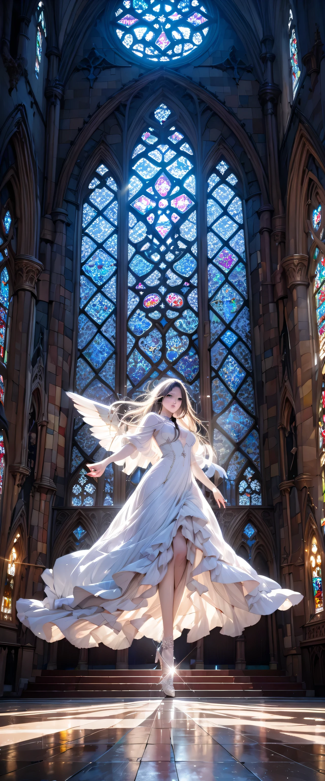 (Close-up:1.4)、(RAW photo:1.2)、(photorealistic:1.4)、(masterpiece:1.3)、(highest quality:1.4)、Huge stained glass、Huge Gothic church、(A beautiful angel dances like a god:1.3)、Very shining、illumination、light shines、