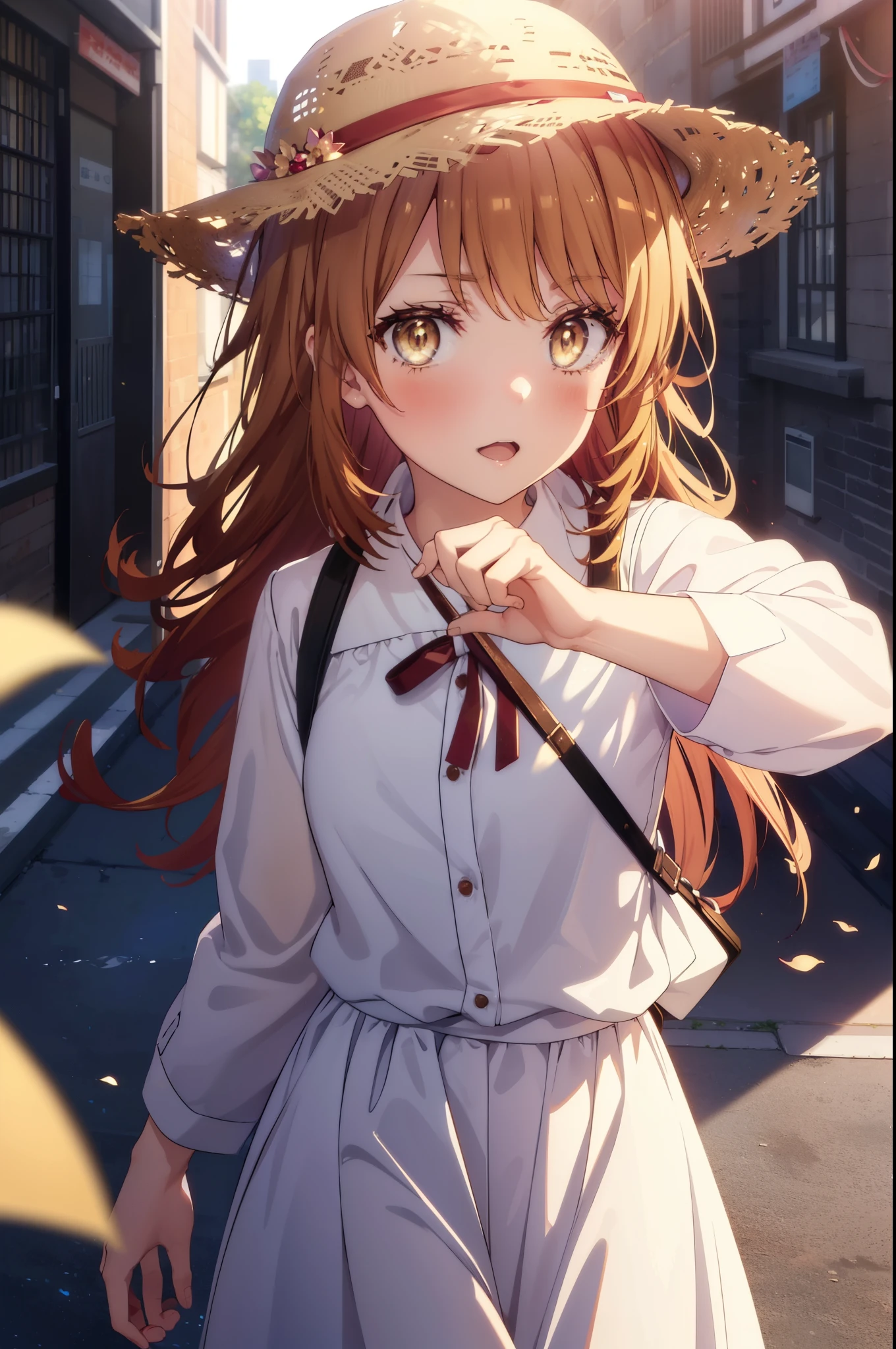 irohaisshiki, Isshiki Iroha, long hair, light brown hair, (Brown ruby eyes:1.5), White long skirt integrated dress,Cute Sandals,straw hat,happy smile, smile, open your mouth,daytime,Clear skies,Looking up from below,whole bodyがイラストに入るように,
break outdoors ,building street,In town,
break looking at viewer,whole body,(cowboy shot:1. 1)
break (masterpiece:1.2), highest quality, High resolution, unity 8k wallpaper, (shape:0.8), (beautiful and detailed eyes:1.6), highly detailed face, perfect lighting, Very detailed CG, (perfect hands, perfect anatomy),