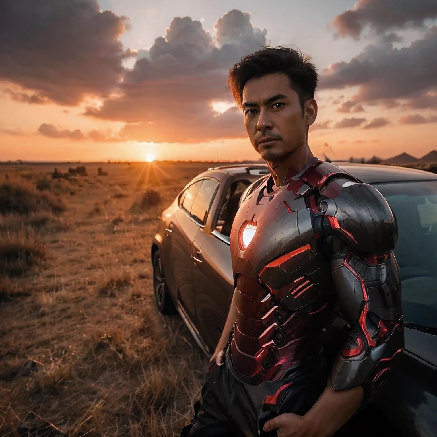 (backshoot photography), (beautiful horizon), (sunset mood), (low sunset), a asian man with neat undercut hair(,) standing next to a car(,) standing at the front of the car(,) in a field at sunset(,) standing in a barren field(,) looking at the camera(,) beautiful horizon(,) handsome pose(,) ultrawide angle camera(,) promotional photo.  in sci-fi High Tech Iron Man Suit form with red line glowing. 