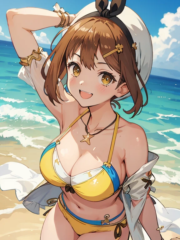 NSFW,1GIRL, (((Ryza:1.2))),((She is running with nothing and seems to be having a great time:1.2)),((The sun is dazzling)),((Wearing only a yellow fancy bikini:1.3))、{{bare skin arm}}、{{Bare skin legs}},(((masterpiece、highest quality、High resolution)))、(((brownhair))),{{Ryza's hairstyle}},{{short cut hairstyle}},{{{She only wears a headband with a ribbon on her head}}},Tropical Summer、{{nipple protrusion}},solo、laughter、beach、{{All parts other than the bikini are bare skin}}、(((On a beautiful sunny beach)))、view audience、slender erotic body type、Glossy skin、One cute girl、Glossy skin、realistic、(((A smile that looks very fun)))、,((cameltoe)),{{She doesn't have a supporter under her bikini}}