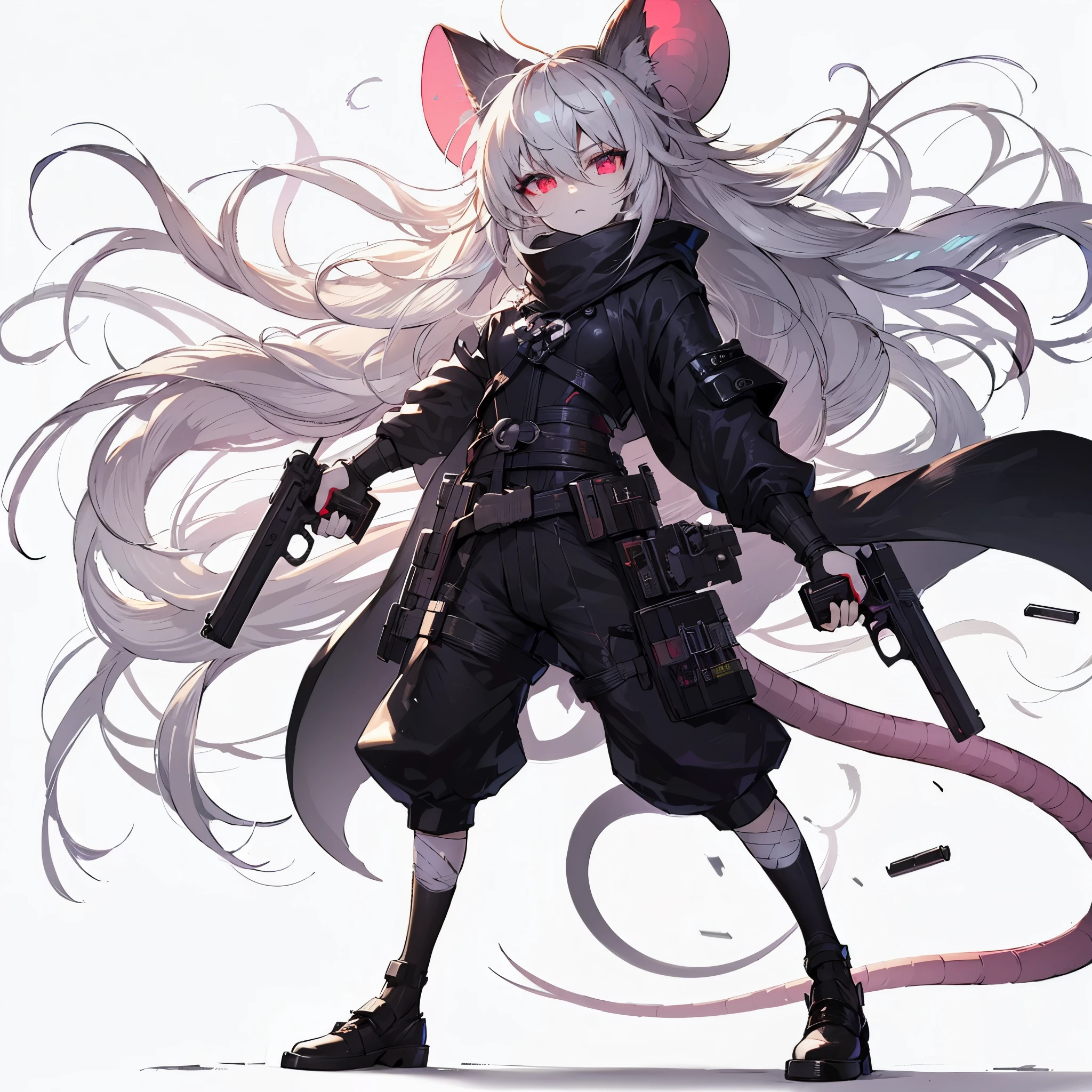 (Masterpiece, top quality), (detailed hair), super detailed, anime style, full body, solo, Cyberpunk rat gunslinger Girl, large ears and long tail, black cyberpunk ninja attire, white hair windswept and red eyes shining trails, holding pistol each hand, wearing tabi socks, standing in wasteland, white background, whole body,
