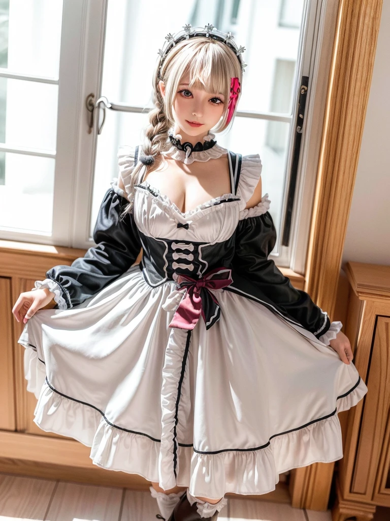 (8K, Photorealistic, Raw photo, of the highest quality: 1.3), (1girl in), Super beautiful, (Realistic face), (boyish, Silver Color Berry Shorthair), Beautiful , Glare that captivates the viewer, Beautiful expression, Beautiful breasts, (Realistic skin), Be...Super high quality, super high definition, super detailed, masterpiece, 20years old, female, cute, perfect face, beautiful, nice body, gothic ta clothes, gothic loliashion, frilly skirt, headdress, necklace, bracelet, knee-high socks, boots, double eyelids, tear bags, Detailed down to the fingers, photo-like description, indoors, dim indoor lighting, big breasts, blonde hair, semi long, standing, whole body, composition that shows the whole body, smiling,Optimal ratio of 4 fingers and 1 thumb,arms crossed