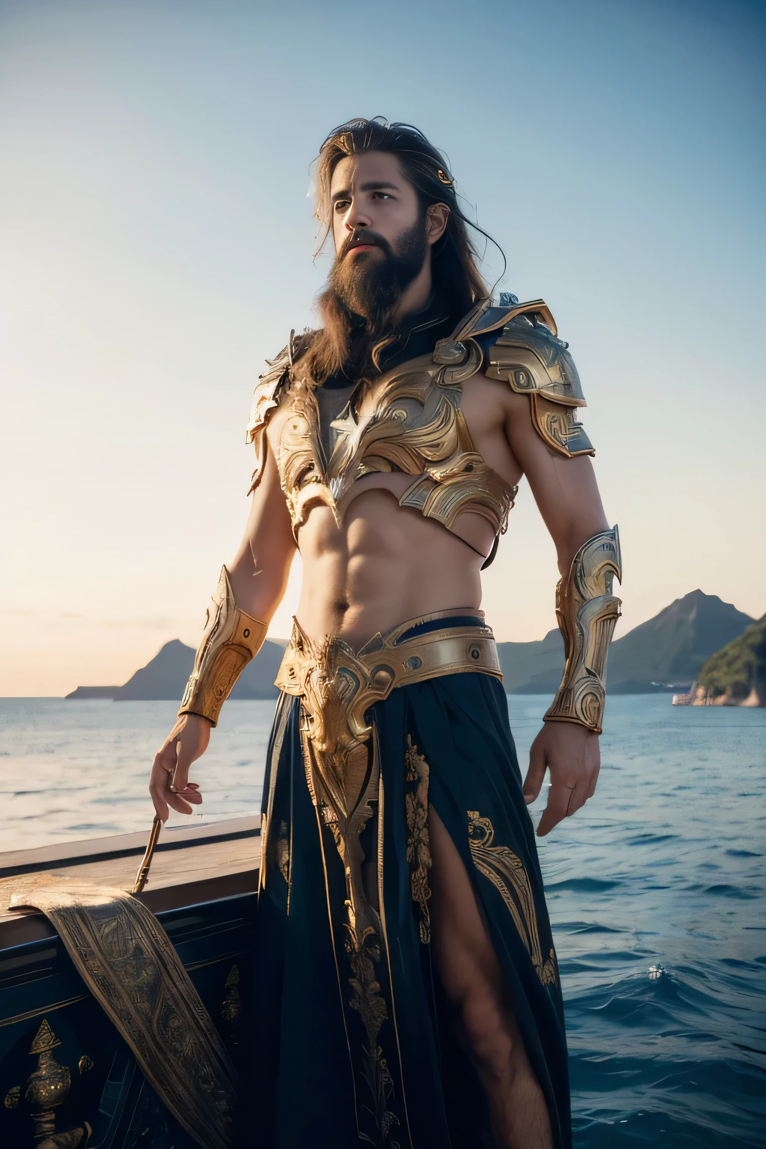 very handsome guy;
Age: from 18-20 years old;
skin: tanned, healthy, smooth texture, detailed;
hair: golden red, smooth, flowing in the sunlight, detailed;
eyes: jet black, seductive, sharp, realistic, sparkling, wet, super detailed;
eyelids: delicate, perfectly beautiful, detailed;
Eyebrows: arched, bold, sharp, detailed;
face: handsome as a god, saintly, light makeup, perfectly proportioned, beautiful in every detail, extremely sharp focus;
nose: big, masculine, high, detailed;
teeth: radiant smile, pure white, detailed;
body: energetic, masculine, muscular;
accessories: watches, belts;
chest: big and bold, detailed, strong, masculine;
Photo quality: masterpiece, highest quality, non-NSFW, 8K CG HD, sharp, super beautiful graphics, professional, detailed, brilliant colors, super smooth, advanced techniques, true RAW ;
lighting: complex color scheme, golden-black rays;
sunlight: sparkling, illuminating the boy's body;
Background: ancient Asian battlefield, feudal period;
((boy wearing golden armor, ornately decorated dragon scales; wearing long golden boots with fancy decorations; necklaces, necklaces and jewelry made of solid gold; wearing large gold earrings));
((close-up photo of the young man's face standing on a majestic, luxurious warship; hand holding an ancient spear, big and long, mysterious, conquering the ocean));