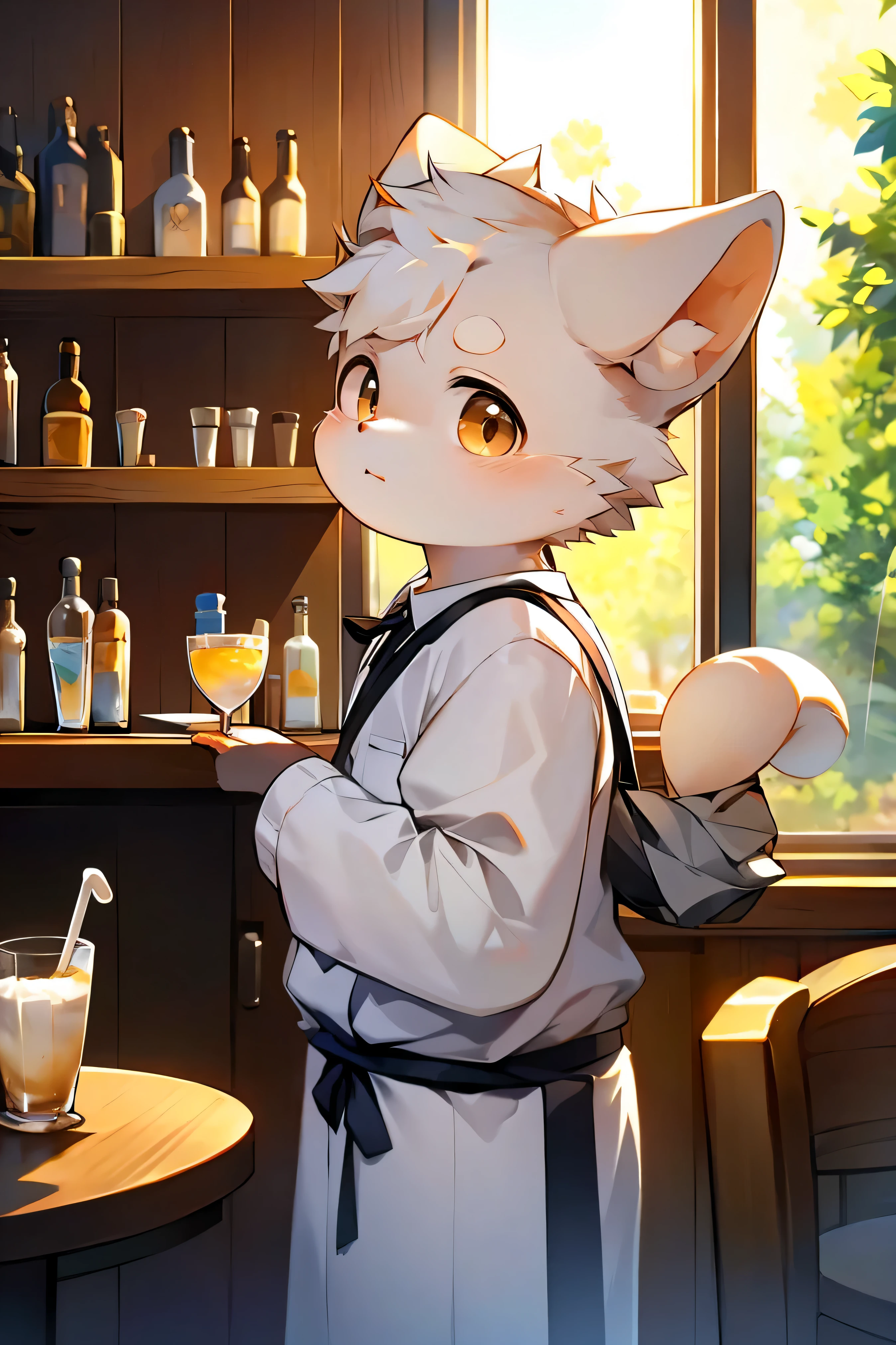 (masterpiece), best quality, perfect face, 2 topless albino white furry shota snow leopard boys, blushed, topless, navel, lined up, café, innocent boy, ribbons, big bib, restaurant, very large diaper, toddler boys