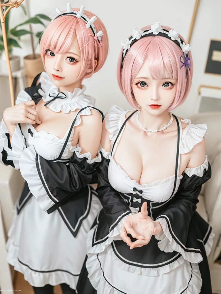 (8K, Photorealistic, Raw photo, of the highest quality: 1.3), (1girl in), Super beautiful, (Realistic face), (boyish, pink Color Berry Shorthair), Beautiful , Glare that captivates the viewer, Beautiful expression, Beautiful breasts, (Realistic skin), Be...Create a detailed and colorful image of Ram and Rem from Re:Zero, standing back-to-back in their maid outfits, with a magical fantasy background、14years old, two girls,cute, perfect face, beautiful, nice body, gothic lolita clothes, gothic lolita fashion, frilly skirt, headdress, necklace, bracelet, knee-high socks, boots, double eyelids, tear bags, Detailed down to the fingers, photo-like description, indoors, dim indoor lighting, one girl is pink hair and short bob, another girl is light blue hair and short bob,standing, sexy posing,whole body, composition that shows the whole body, smiling,The Both of them are wearing the same type of maid outfit,Optimal ratio of 4 fingers and 1 thumb,arms crossed