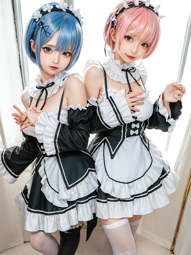 (8K, Photorealistic, Raw photo, of the highest quality: 1.3), (1girl in), Super beautiful, (Realistic face), (boyish, pink Color Berry Shorthair), Beautiful , Glare that captivates the viewer, Beautiful expression, Beautiful breasts, (Realistic skin), Be...Create a detailed and colorful image of Ram and Rem from Re:Zero, standing back-to-back in their maid outfits, with a magical fantasy background、14years old, two girls,cute, perfect face, beautiful, nice body, gothic lolita clothes, gothic lolita fashion, frilly skirt, headdress, necklace, bracelet, knee-high socks, boots, double eyelids, tear bags, Detailed down to the fingers, photo-like description, indoors, dim indoor lighting, one girl is pink hair and short bob, another girl is light blue hair and short bob,standing, sexy posing,whole body, composition that shows the whole body, smiling,The Both of them are wearing the same type of maid outfit,Optimal ratio of 4 fingers and 1 thumb,arms crossed