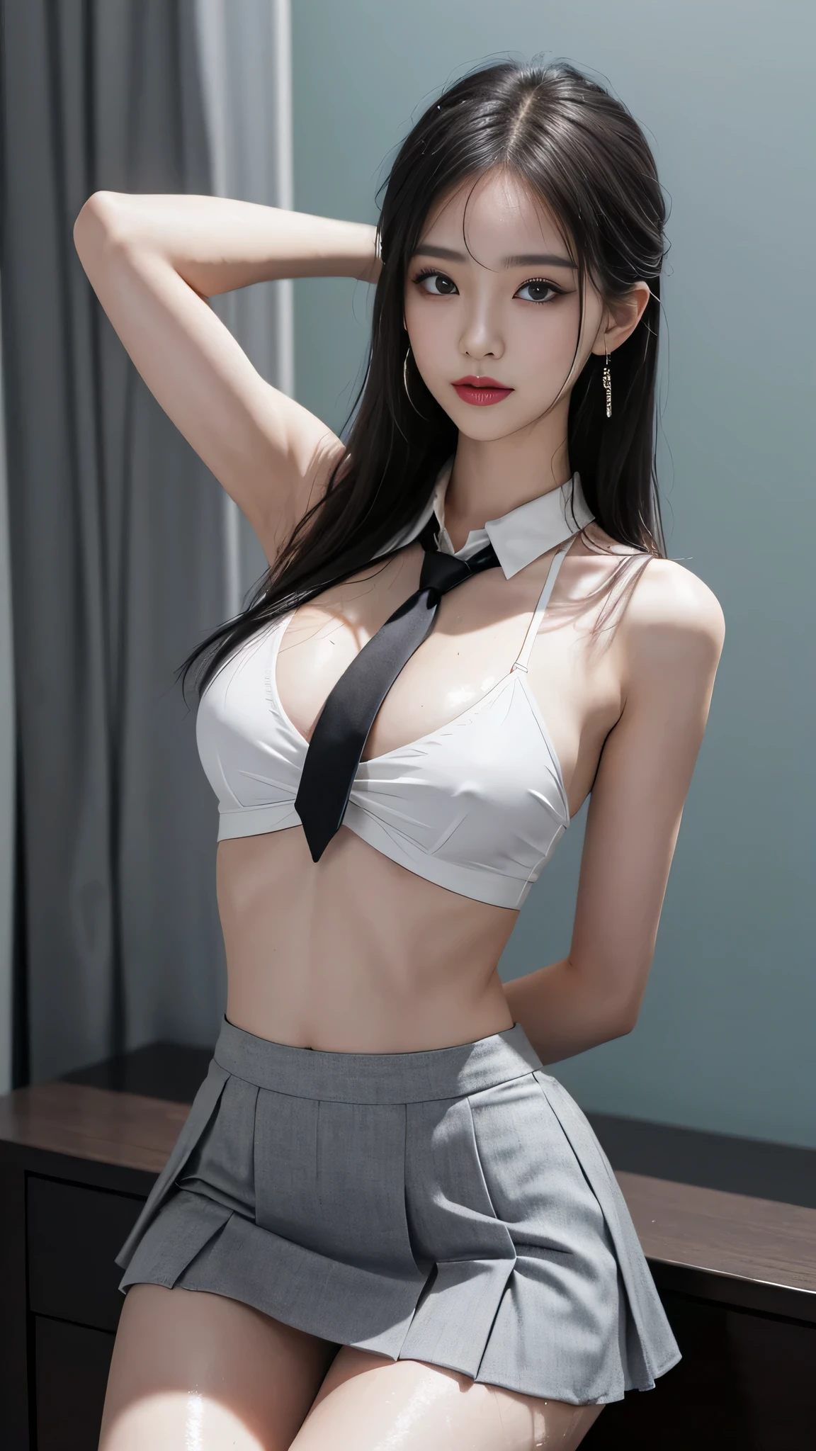 Gray eyes, Korean, gravitation, charisma, glamorous, ribbon tie, a bore skirt, bright blonde, uniform, wet clothes, Underwear can be seen, chest thrusting pose, chest bragging pose, 8k raw photo, high resolution, cool Korean at 22 years old, very big round breasts, beautiful eyes in detail, long eyelashes, beautiful double eyelids, eyeshadow, eyeliner, slender eyes, elongated eye shape, Sanpaku eyes, evil smile, evil look, beautiful very thin legs, beautiful very thin thighs, random medium hair, hair tied behind the head, earrings.