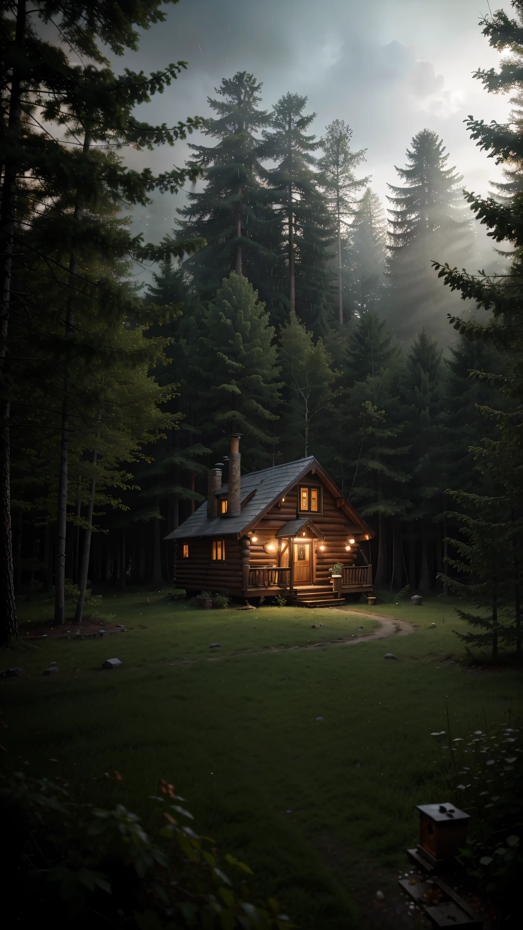 there is a cabin with a chimney and a weather vane on the roof, cabin in the woods, cottage in the forest, witch cottage in the forest, cottage in the woods, the small house in the forest, house in forest, solitary cottage in the woods, at evening during rain, by Aleksander Kobzdej, the house in the forest