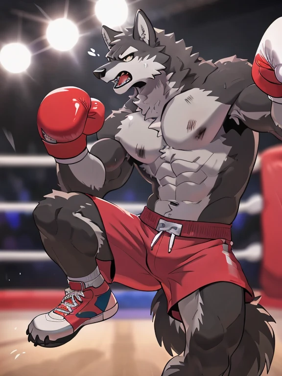 gray wolf, head (close-up):1.2, 4k, high resolution, best quality, posted on e621, solo, anthro body, male gray wolf, adult, masculine, (skinny, strong pectorals, defined muscles, muscular shoulders), correct anatomy, (boxing ring background, gym background), (blurry background, out-of-focus background:1.2), sexy, (cel shaded, cartoony shading:1.2), black lineart, black outline, flat coloring, (strong shadows, dark shadows:1.2), (pink shorts, topless, boxing gloves), sexy shadows, lion tail, slim posture, open mouth, sticking out tongue, open:1 eyes, detailed eyes, tilted head, exhausted, wet sweat:1.2, (bruised:1.6, shiner:1.2), full arms and legs, two wolf feets, kicking