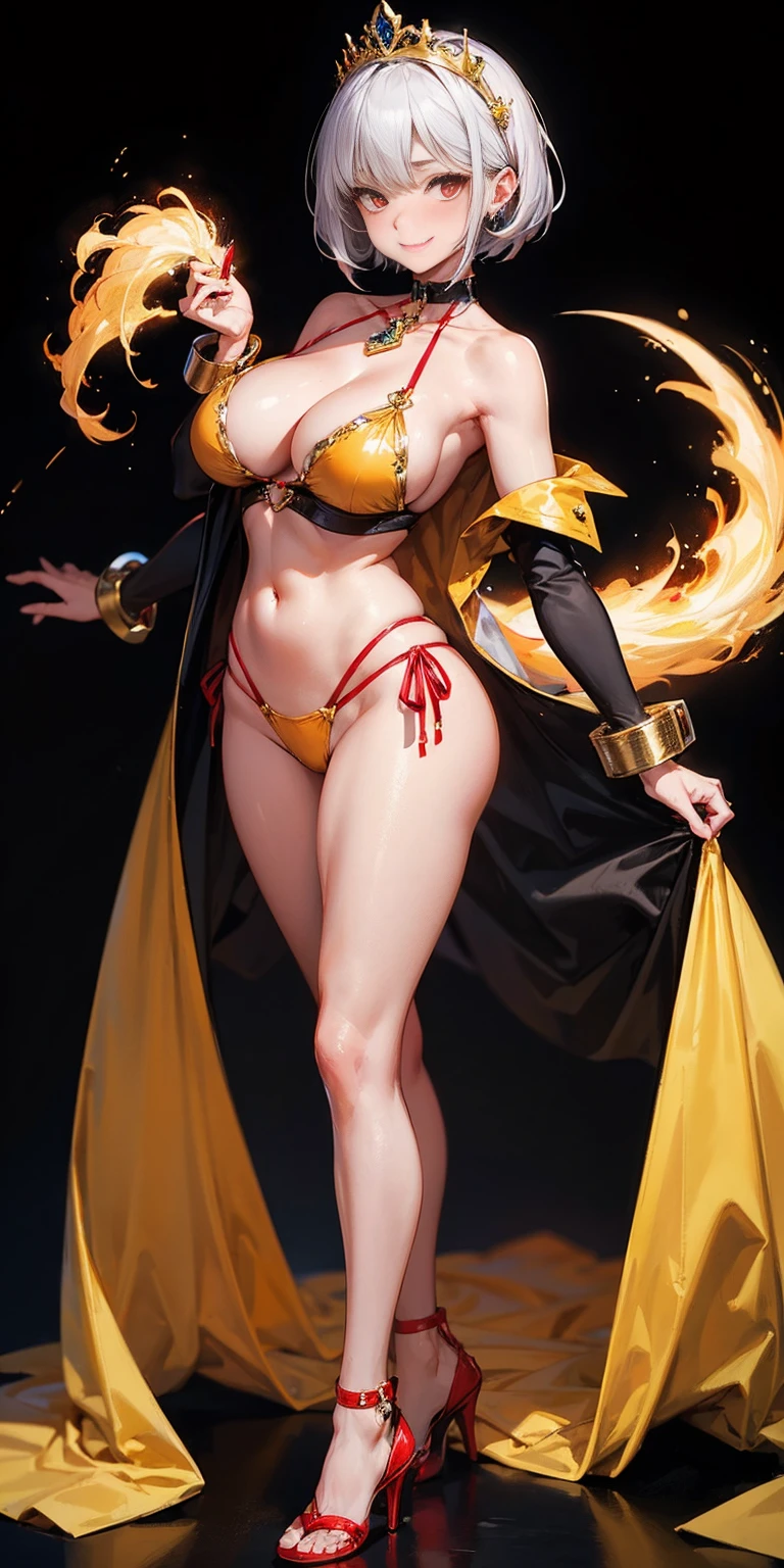 ((BLACK BACKGROUND,1:2, masterpiece)), full body MILF BIMBO standing with two long thighs and two high heels, red eyes, silver white hair, short bob style hair, big breasts, cleavage, separate sleeves, tiara royal, long cape up to two feet, yellow bikini, hands on waist, navel, lustful smirking smiling, smile face (red blushed, red cheeks), metal shoulders, gold sleeveless armbands, black leather choker slave collar, shackle bracelets, sex slave red crest